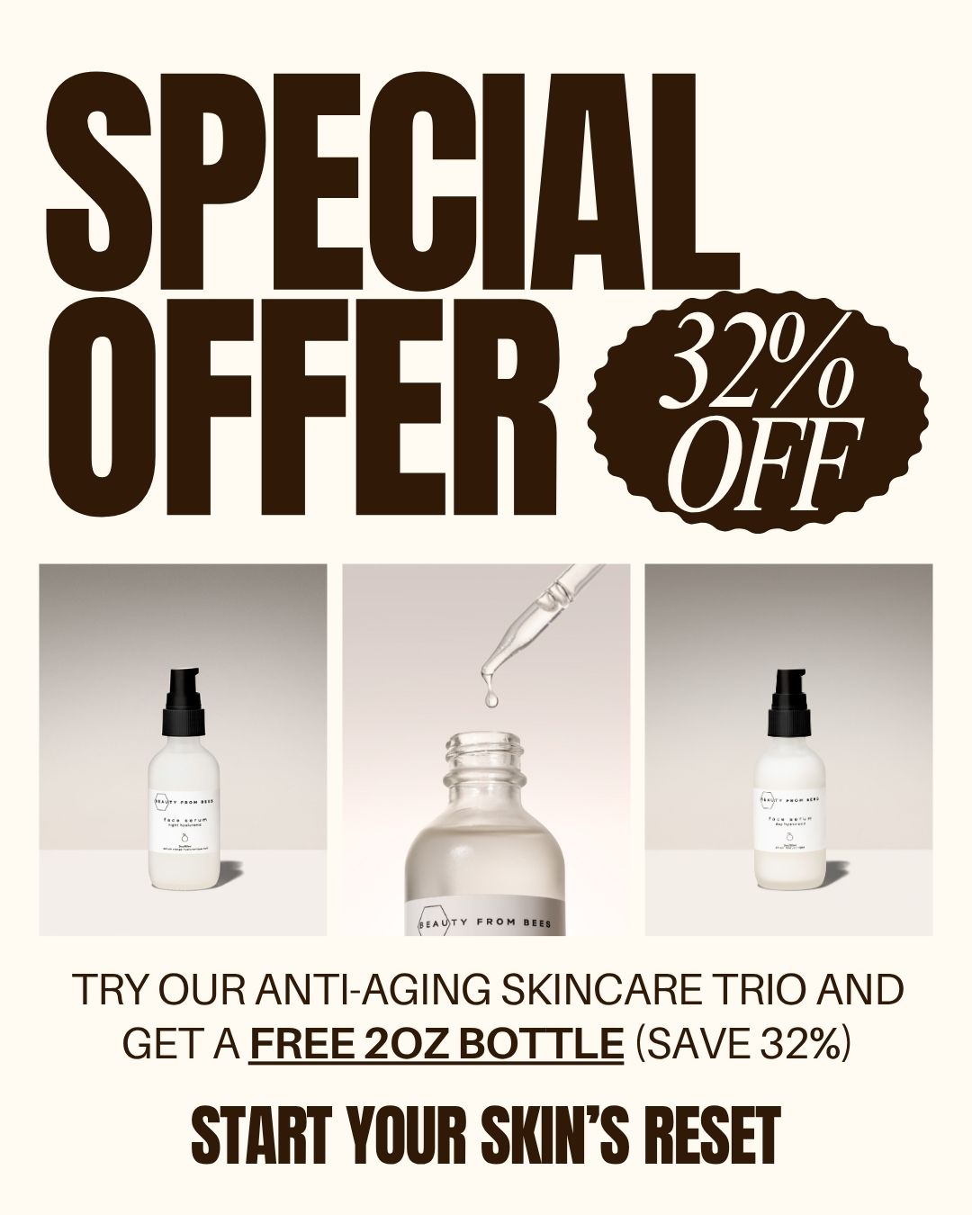 Beauty From Bees Facebook ad: Get 1 FREE Full Sized 2oz Bottle of Face Oil