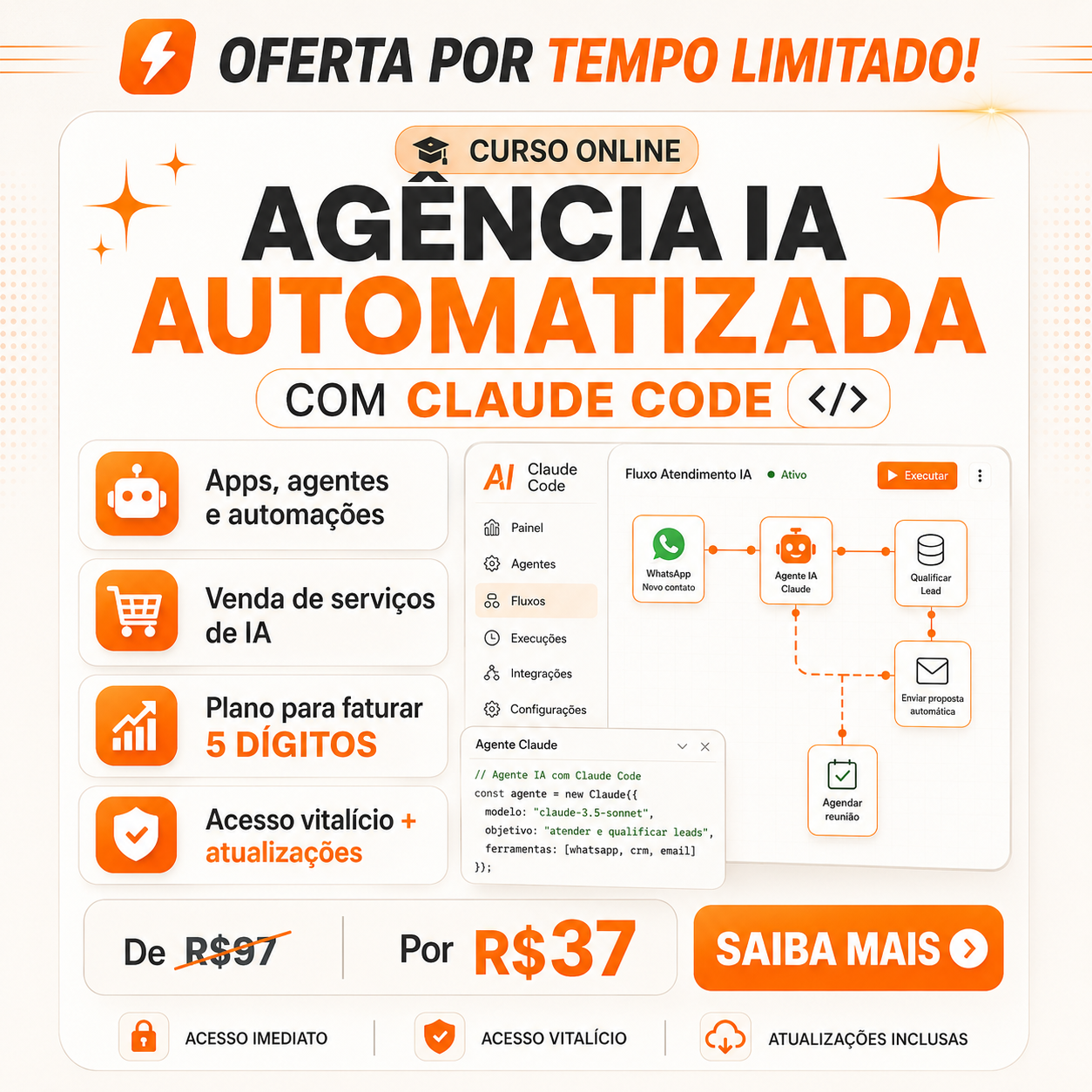 Rafael Castro Facebook ad: Fature 5 dígitos com sua agência de IA usando Claude Code…