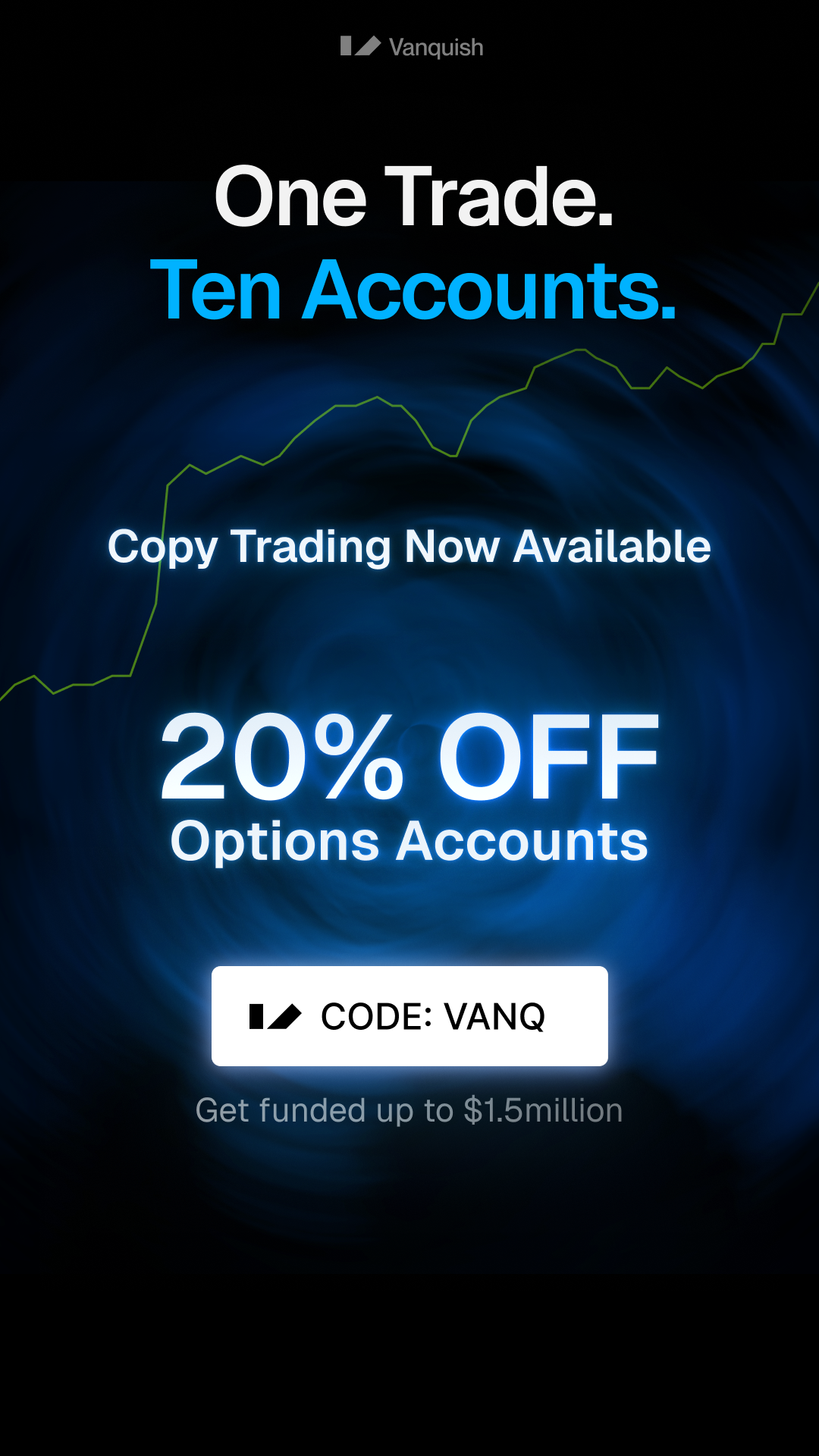 Vanquish Trader Facebook ad: Use code VANQ for 20% OFF