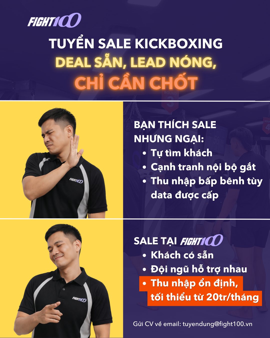 Tuyển dụng Fight100 Kickfitness Facebook ad: FIGHT100 TUYỂN SALE - KHÔNG PHẢI ĐI SĂN…