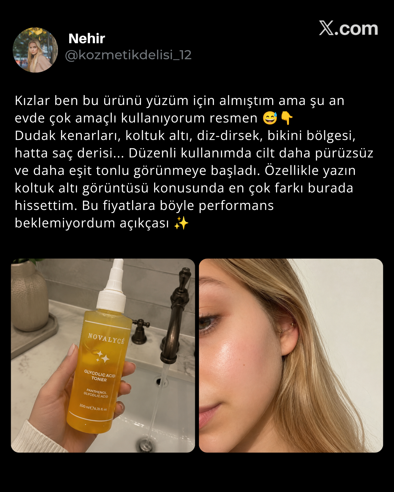Novalyce Facebook ad: Glikolik Asit Tonik ile Pürüzsüz Cilt Görünümü