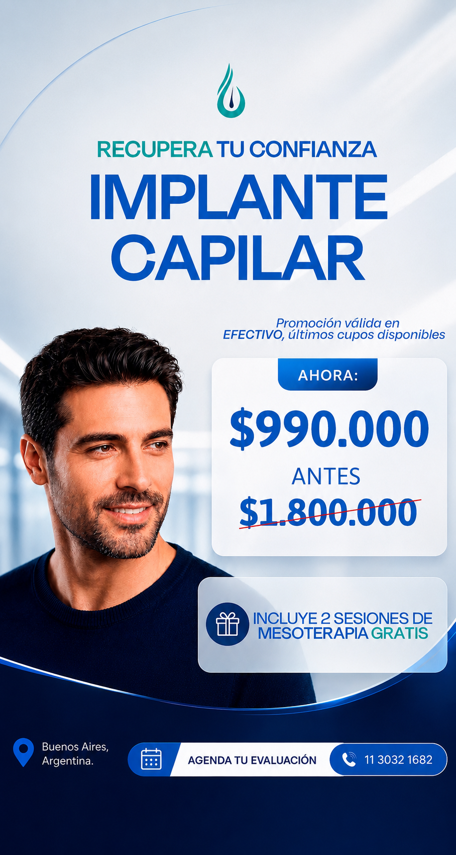 Dermis Capilar Facebook ad: Implante + 2 Mesoterapias Gratis