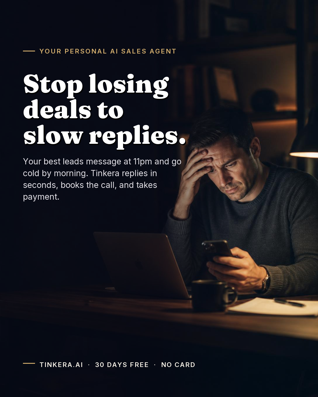 Tinkera Facebook ad: Never Miss a Lead