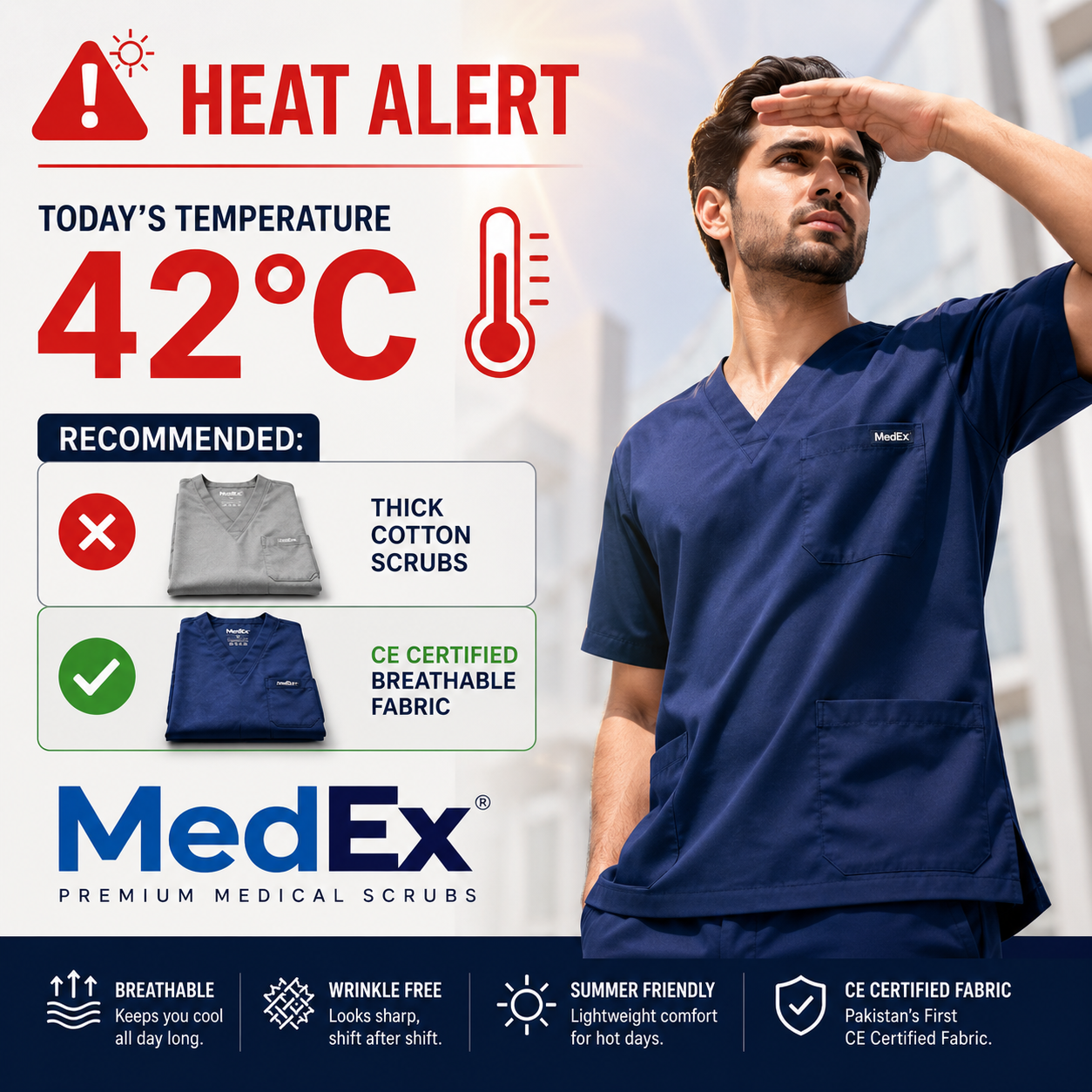 MedEx Facebook ad: 42°C Outside. Your Scrubs Shouldn't Make It Feel Hotter.