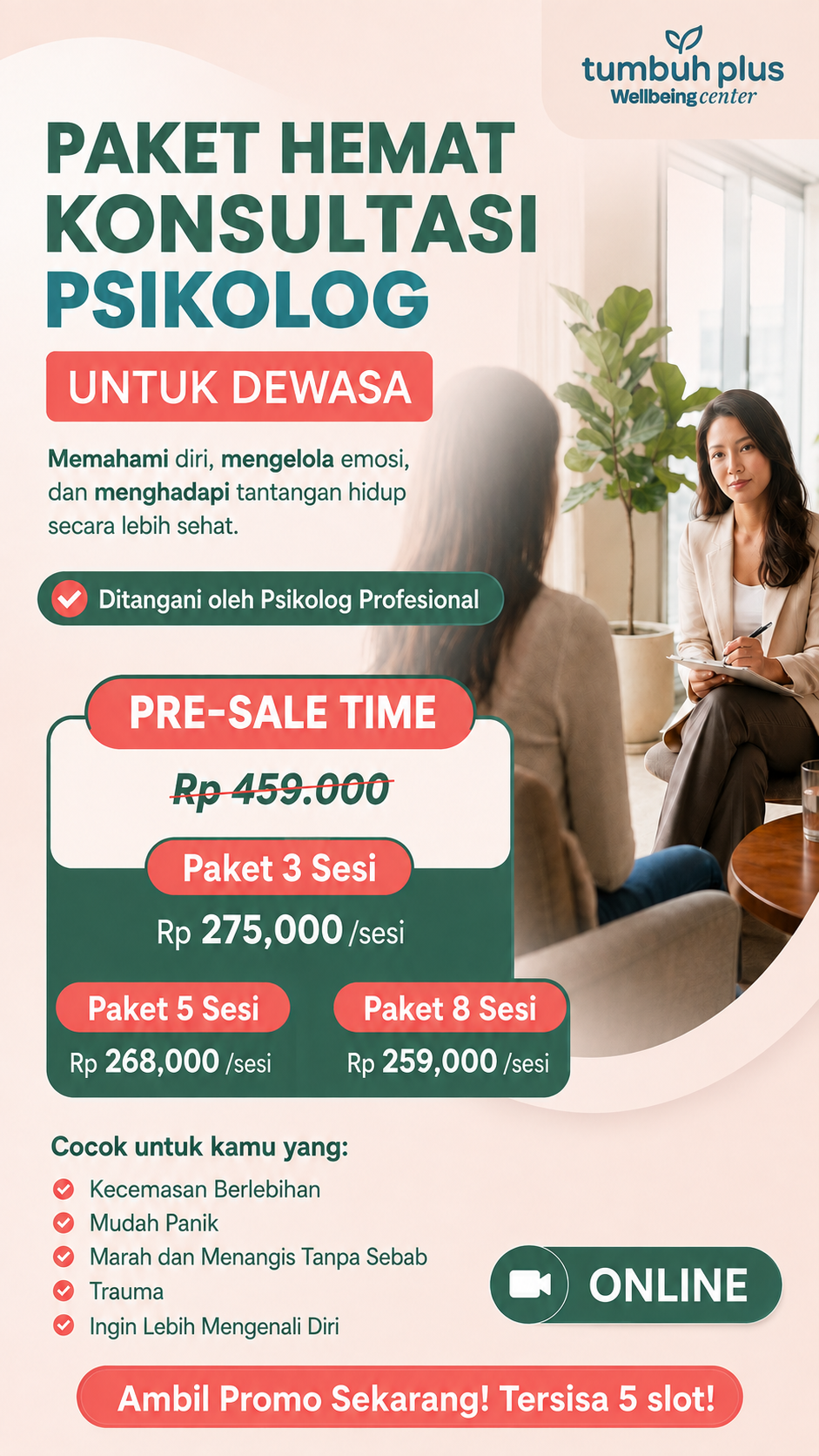 Tumbuh Plus Wellbeing Center Facebook ad from Aug 19, 2026