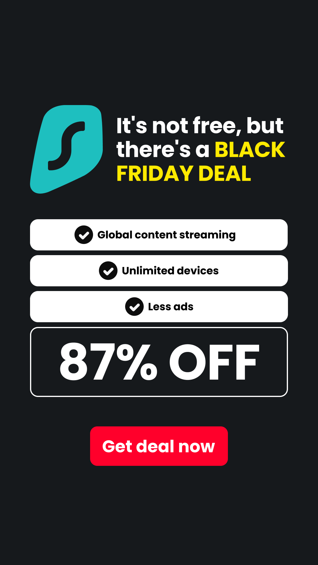 Surfshark Facebook ad: Surfshark up to 87% off + 3 months extra