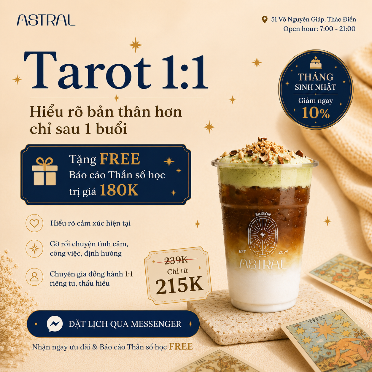 Astral Café & Patisserie Facebook ad: Đặt lịch qua Message, nhận ưu đãi Tháng 6