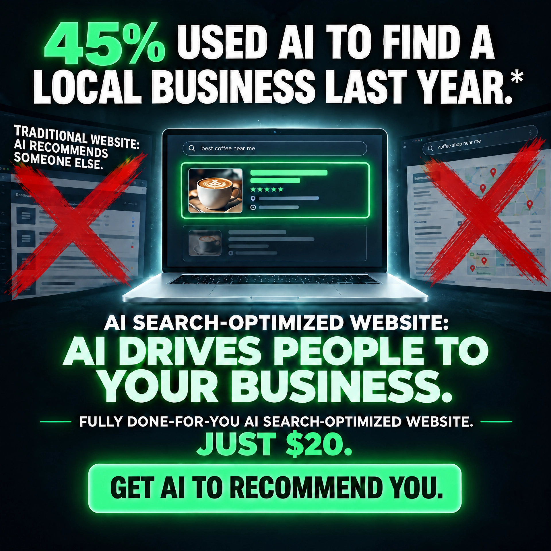 AI Middleman Academy Facebook ad: AI Search Optimized Website For $20