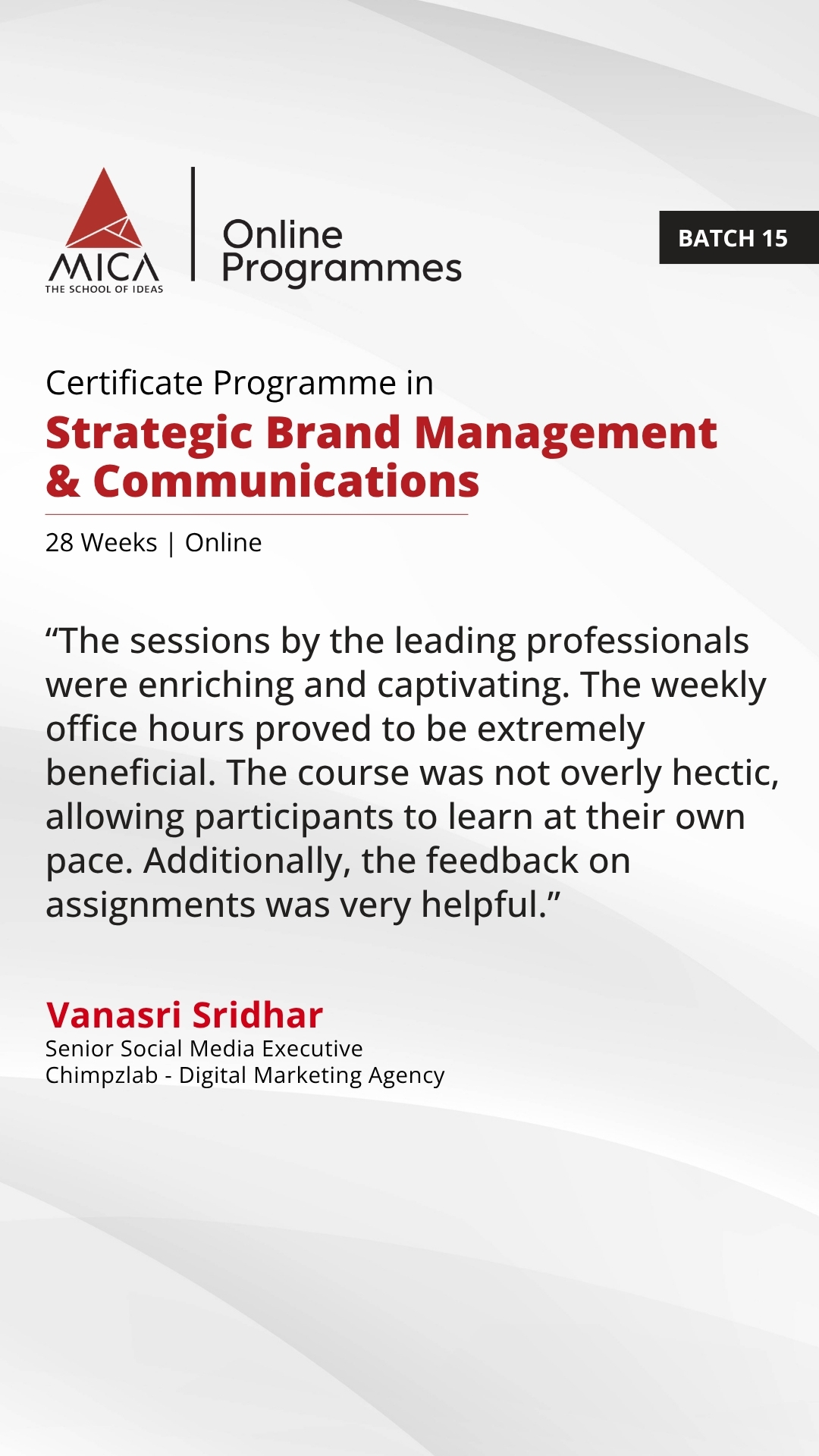 MICA's Strategic Brand Management and Communications programme Facebook ad from Apr 2, 2026