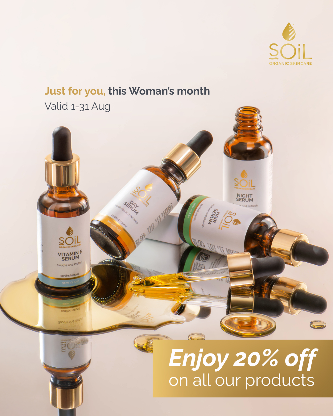 SOiL Organic Skincare Facebook ad: August is hers. 20% off everything.