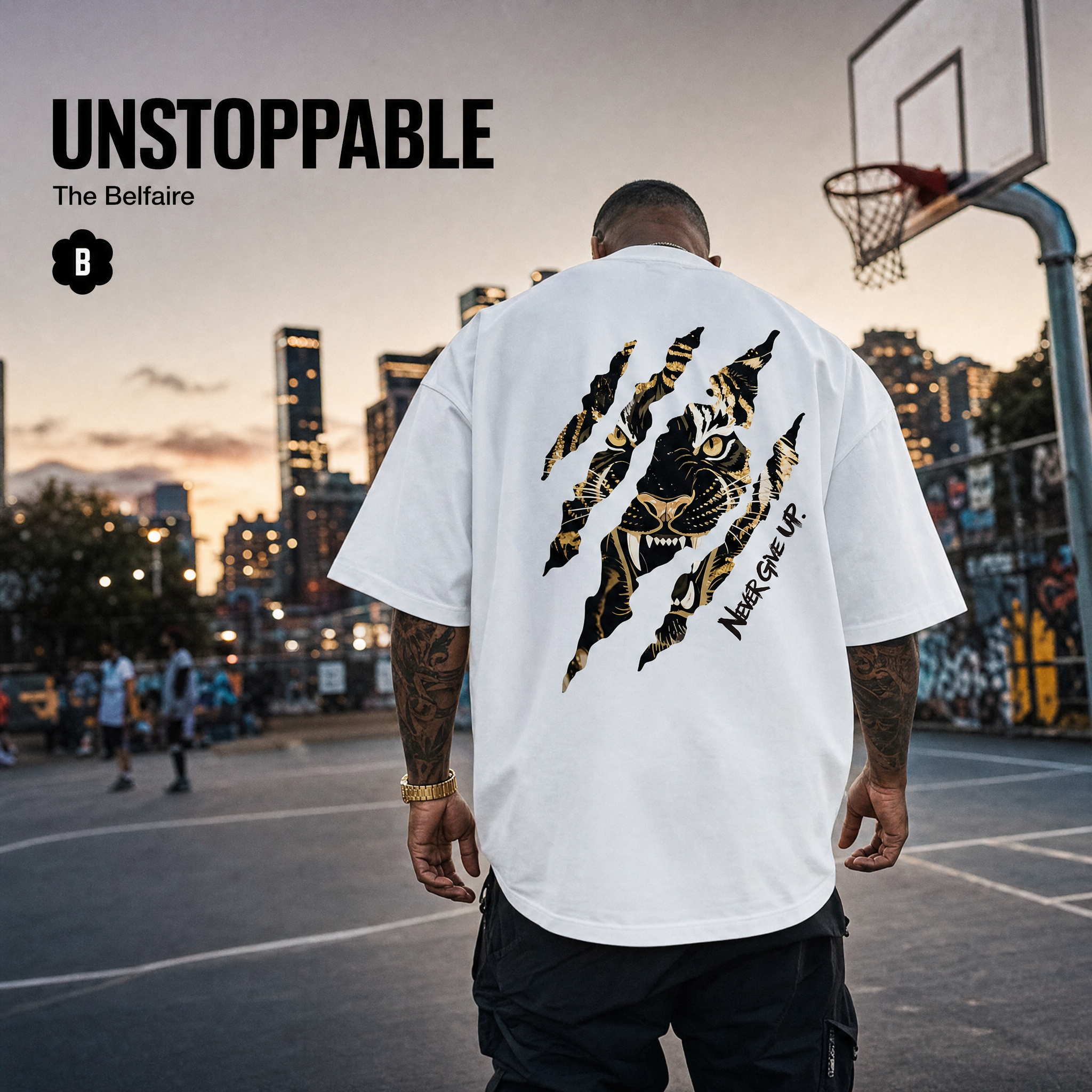 The Belfaire Facebook ad: Never Give Up Oversized Tee