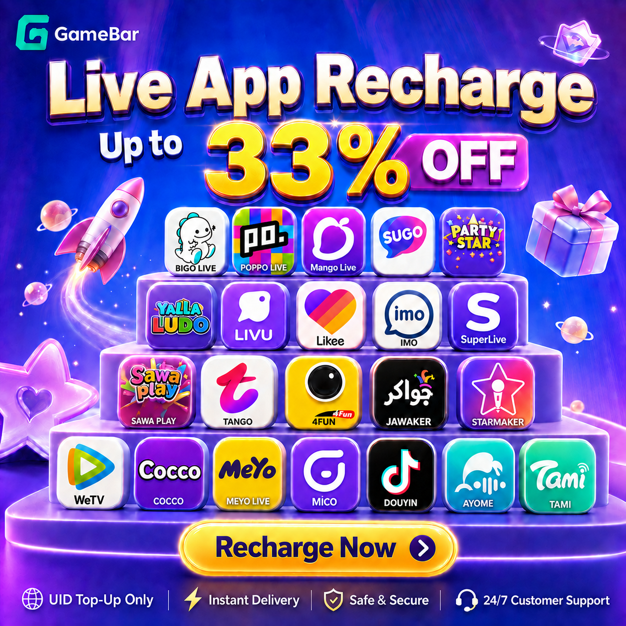 Gamebar-1 Facebook ad: Save Up to 33% on Live App Top-Ups