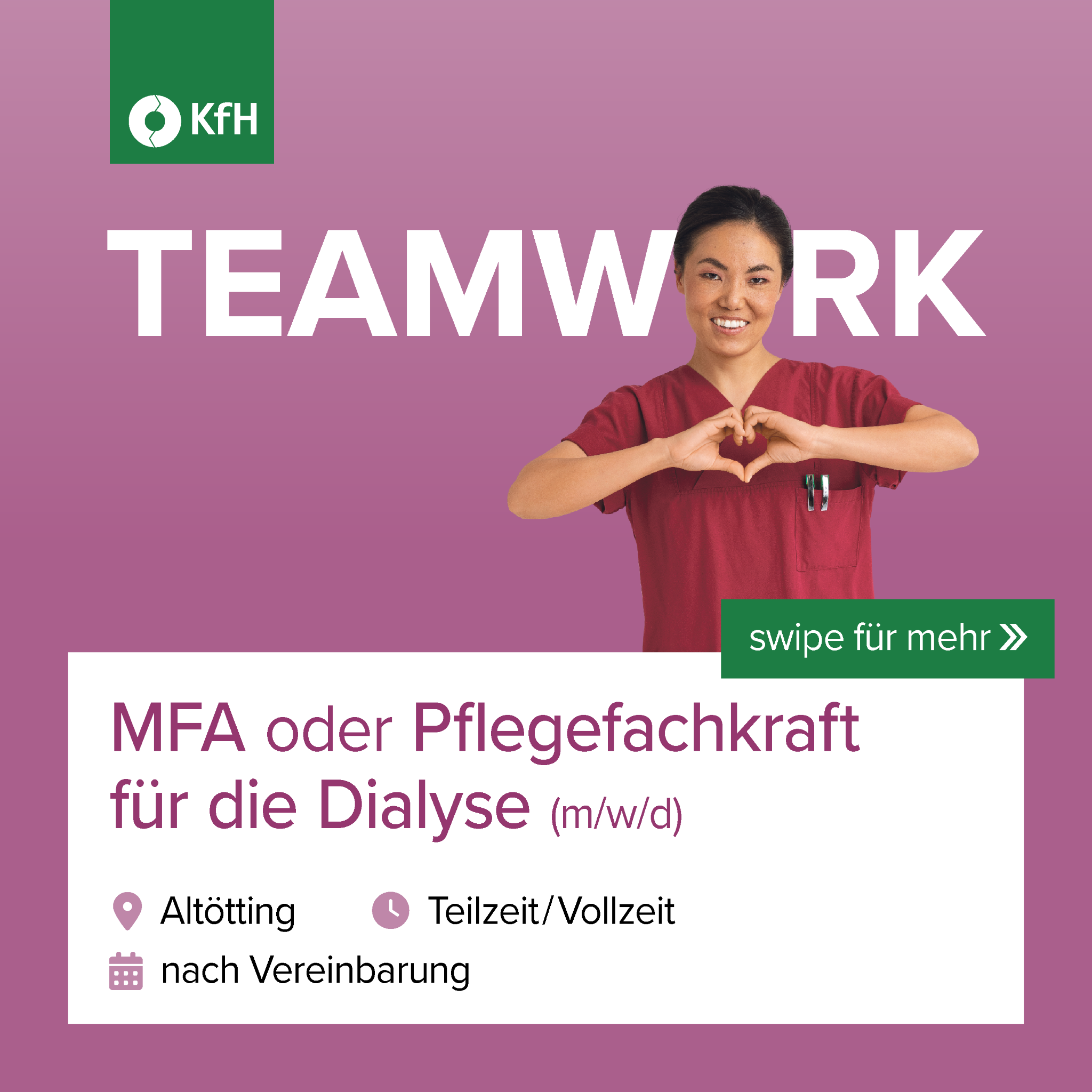 KfH Kuratorium für Dialyse und Nierentransplantation e.V. Facebook ad: TEAMWORK - Dafür stehen wir: ein Job, der…
