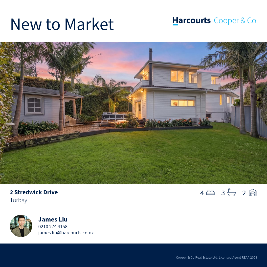 James Liu-Harcourts Cooper & Co Facebook ad: 2 Stredwick Drive, Torbay
