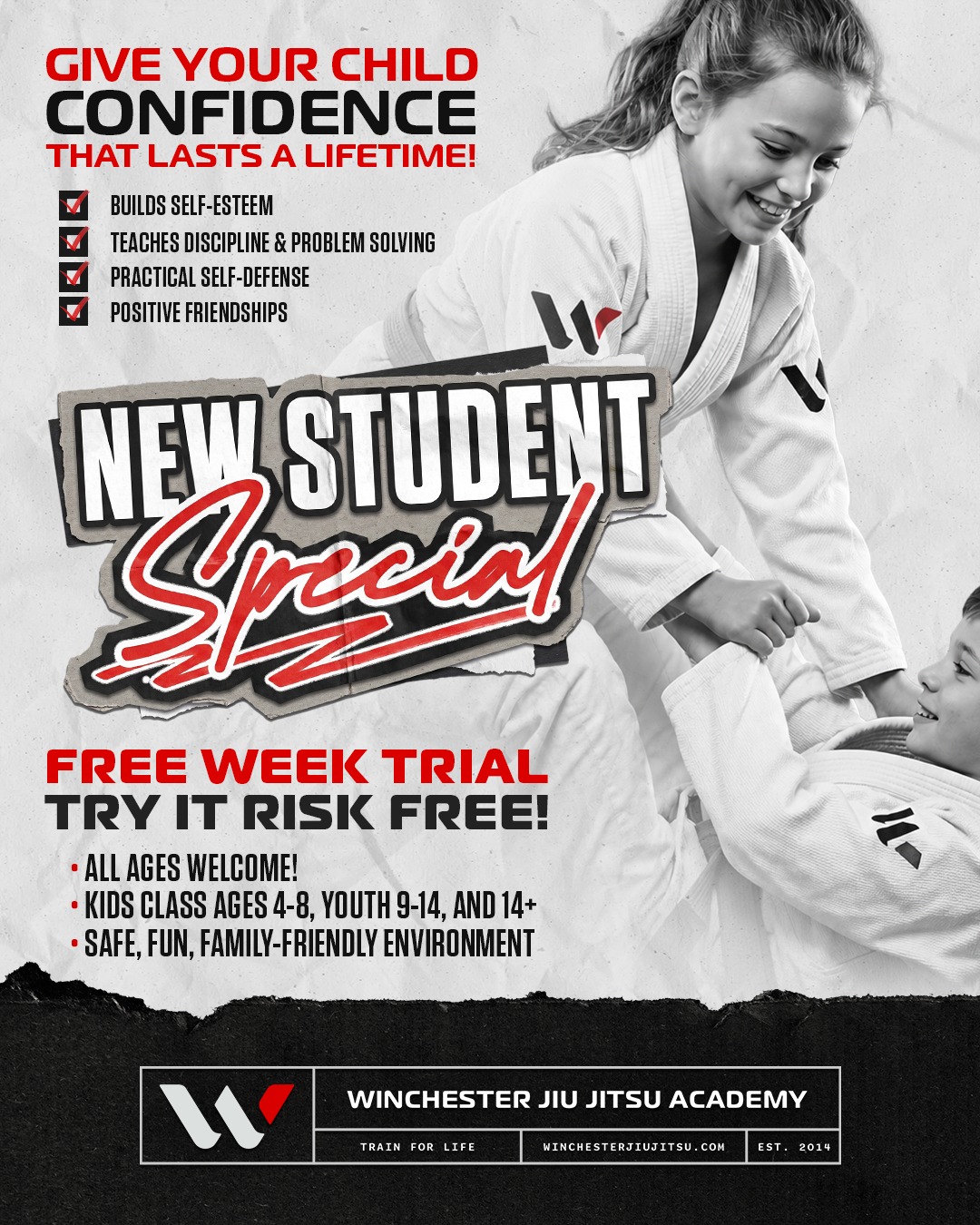 The Winchester Jiu Jitsu Academy Facebook ad: Give your child confidence that lasts a lifetime!