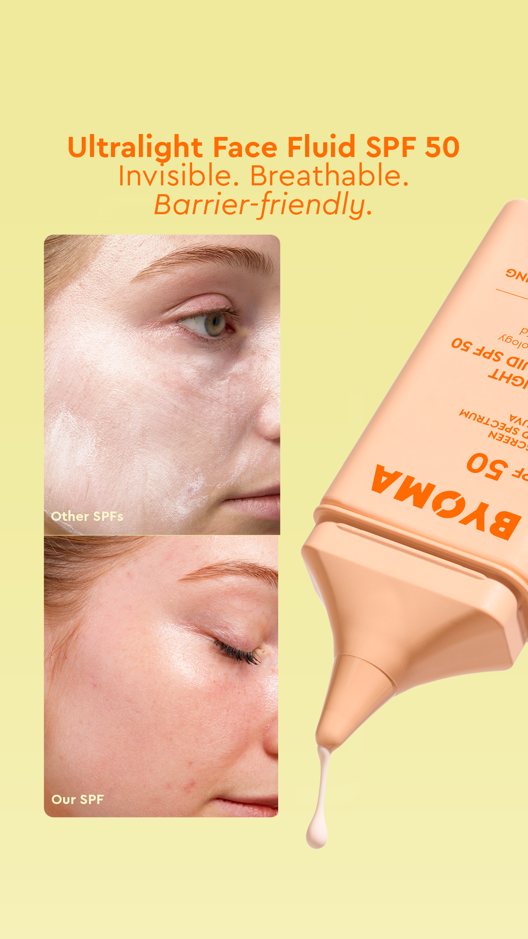 BYOMA Facebook ad: Ultralight Face Fluid SPF 50.