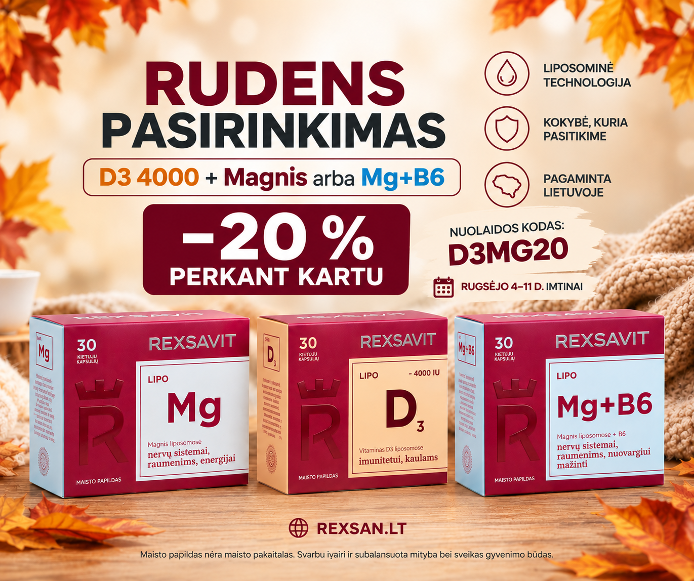 Rexsavit Facebook ad: D3 + Magnis -20 % | kodas D3MG20