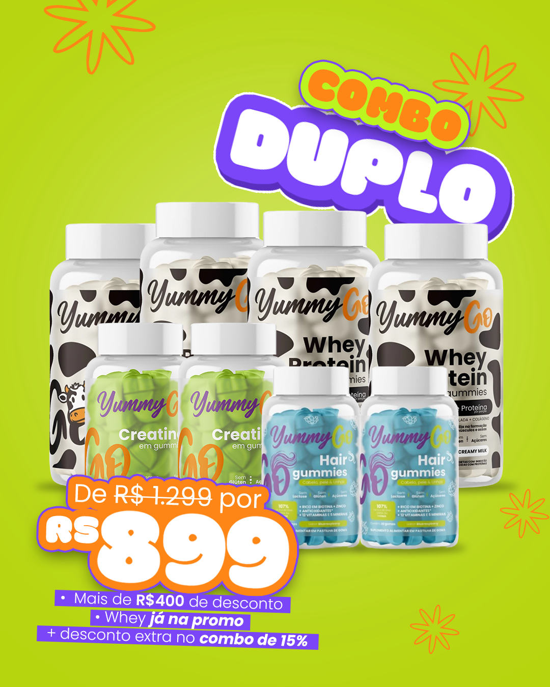 YummyGo Facebook ad: Whey + Creatina + Hair Gummies, tudo que…