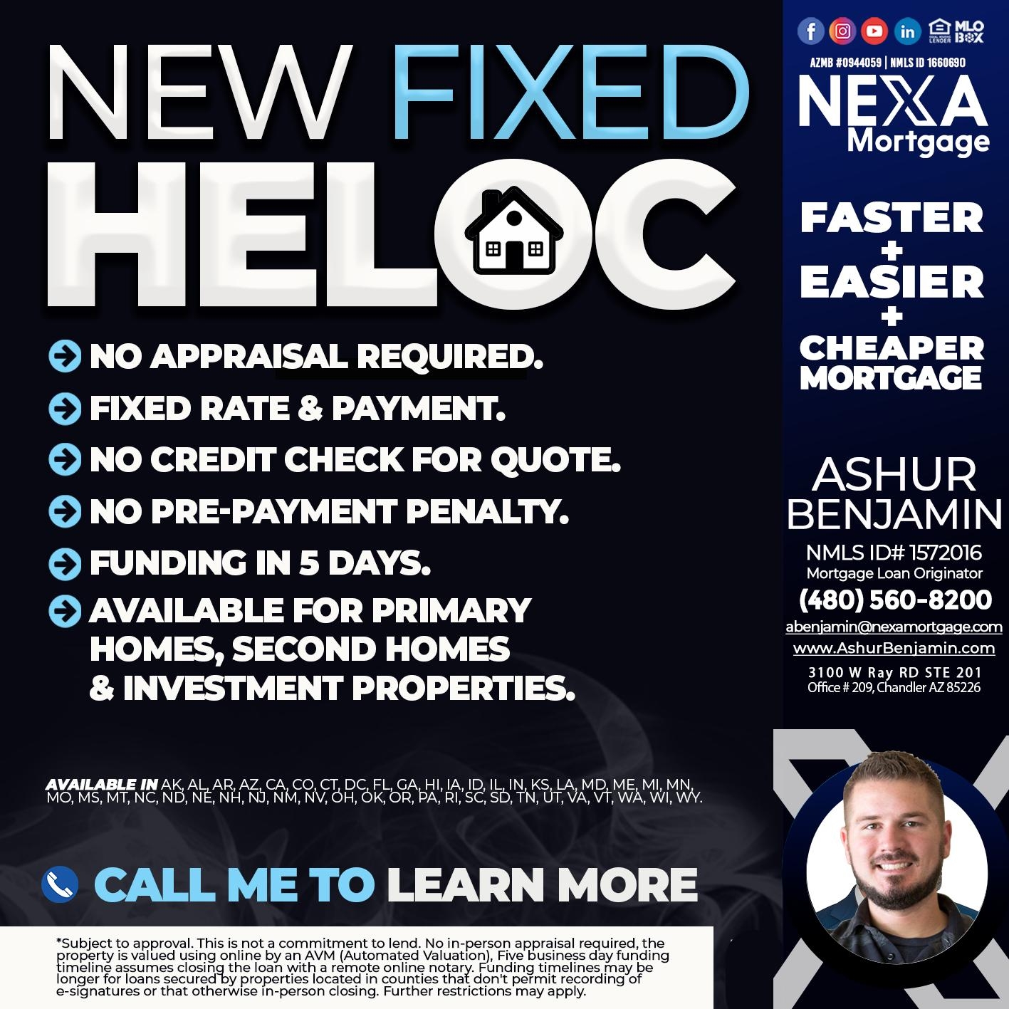 Ashur Benjamin NMLS #1572016 Facebook ad: Homeowners! Get in 5 days. Get Approved in 5 MInutes!
