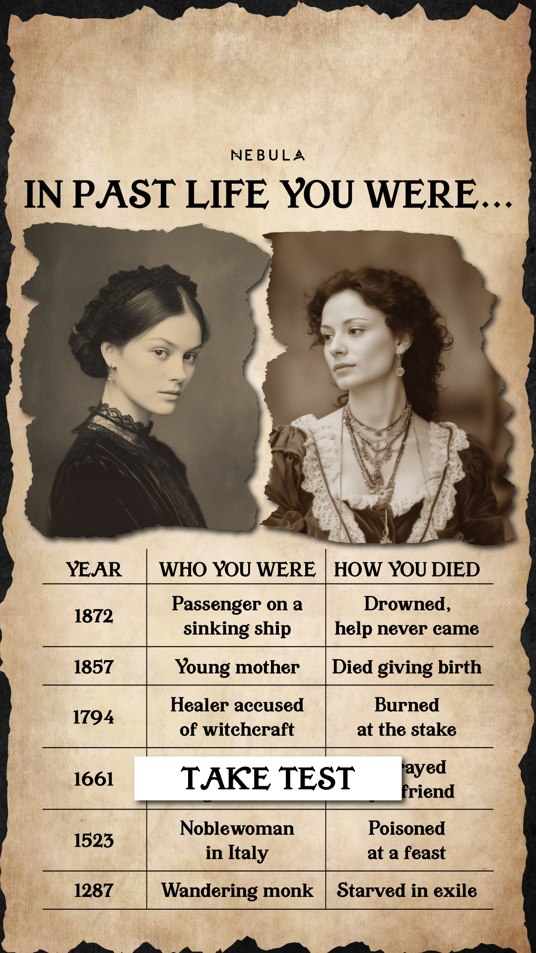 Nebula: Past Life Power Reading Facebook ad: Start quiz to know