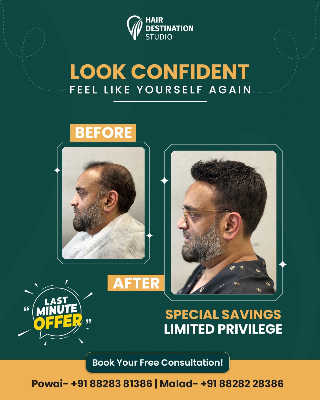 Hair Destination Studio Facebook ad: From visible thinning to natural-looking confidence