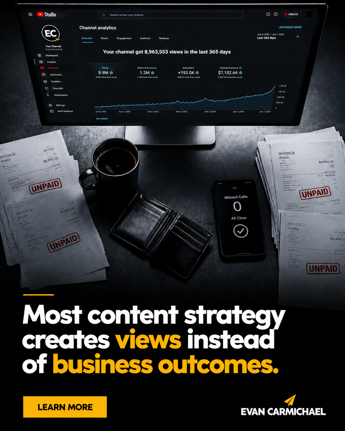 Evan Carmichael Facebook ad: Stop Wasting Time on Content That Doesn’t Work.