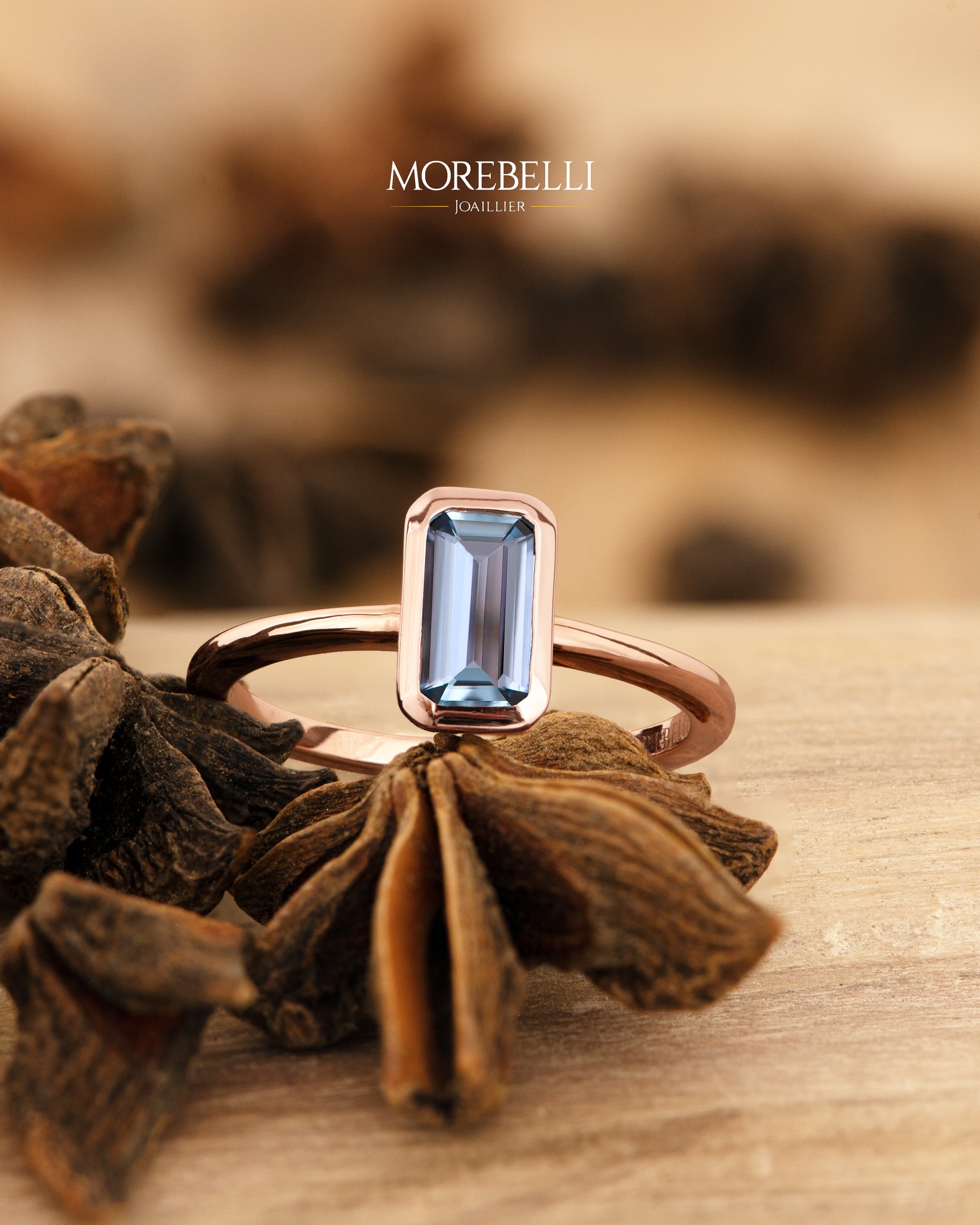 Morebelli Joaillier Facebook ad: Mini-bague en or rose 18K avec une aigue-marine…