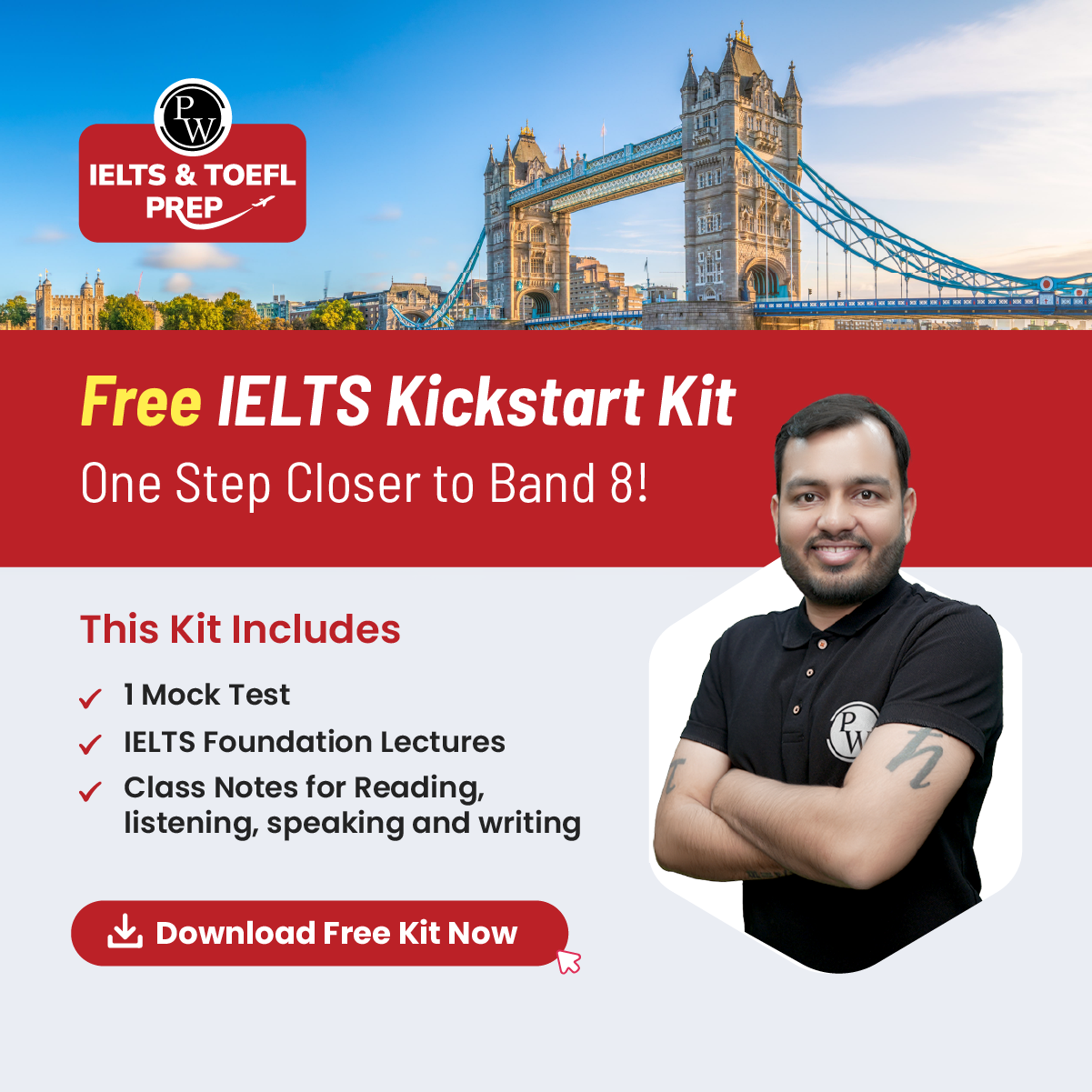 PW IELTS Prep Facebook ad: Target Band 8? Start Here Free