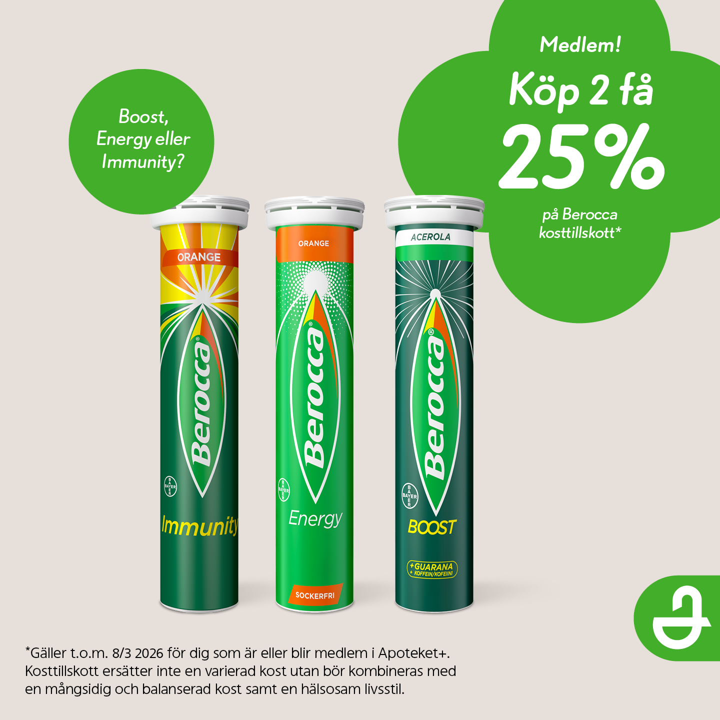 Apoteket Facebook ad: Medlem! Köp 2 få 25% på Berocca kosttillskott
