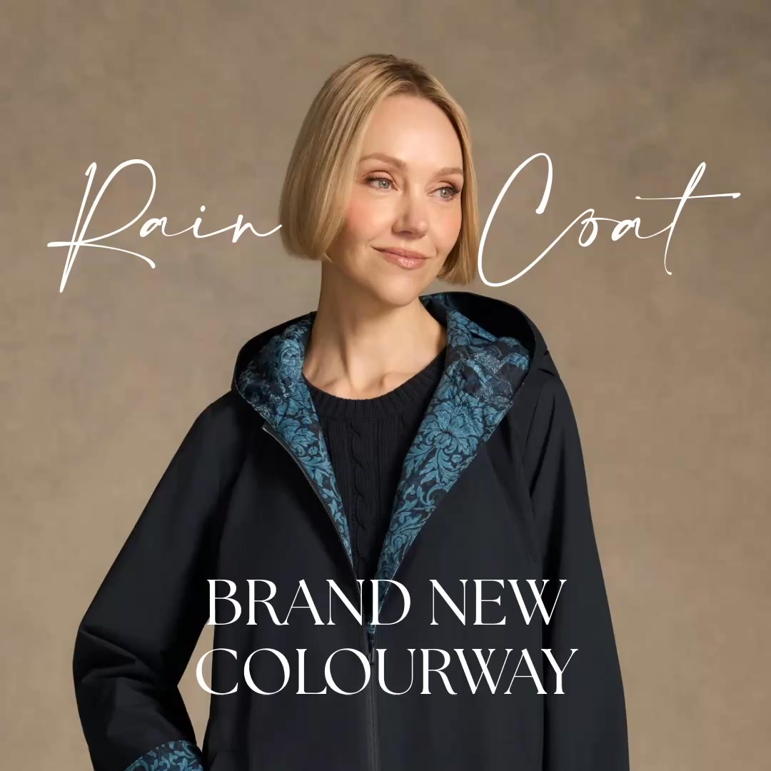 Blue Illusion Facebook ad: Printed Reversible Raincoat, Ink Baroque Print