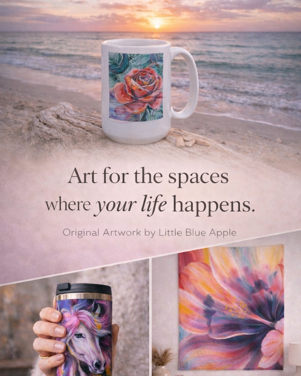 Little Blue Apple Facebook ad: Little Blue Apple | Discover Joyful Art, Shop Now