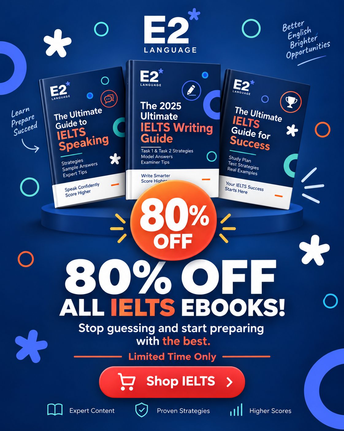 E2Language Facebook ad: 80% Off on All IELTS eBooks