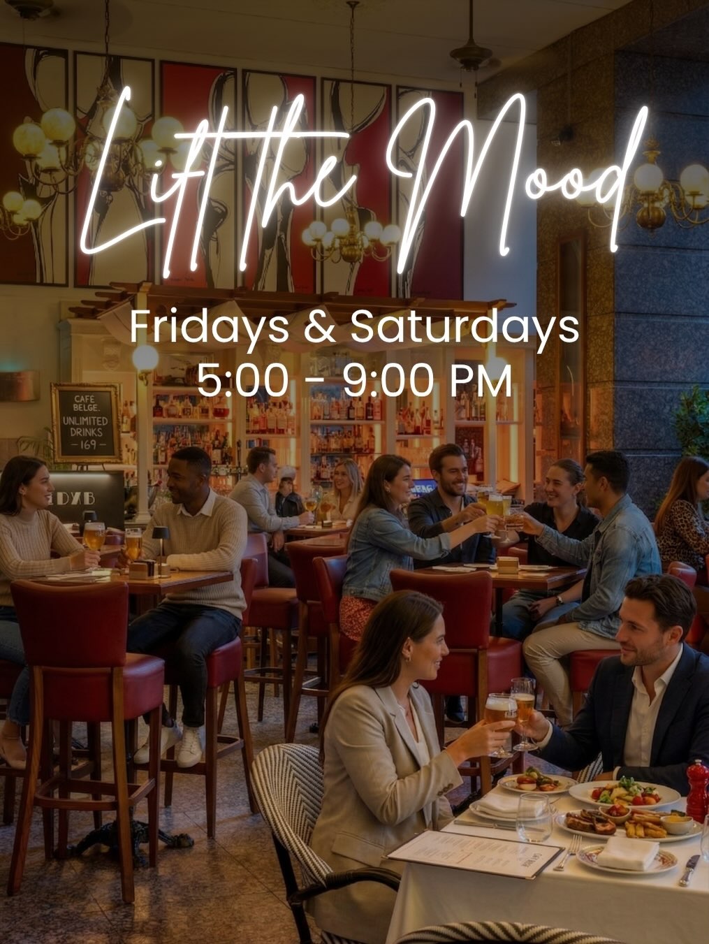 Café Belge, DIFC Dubai Facebook ad: Unlimited pours, good vibes, and two hours of…
