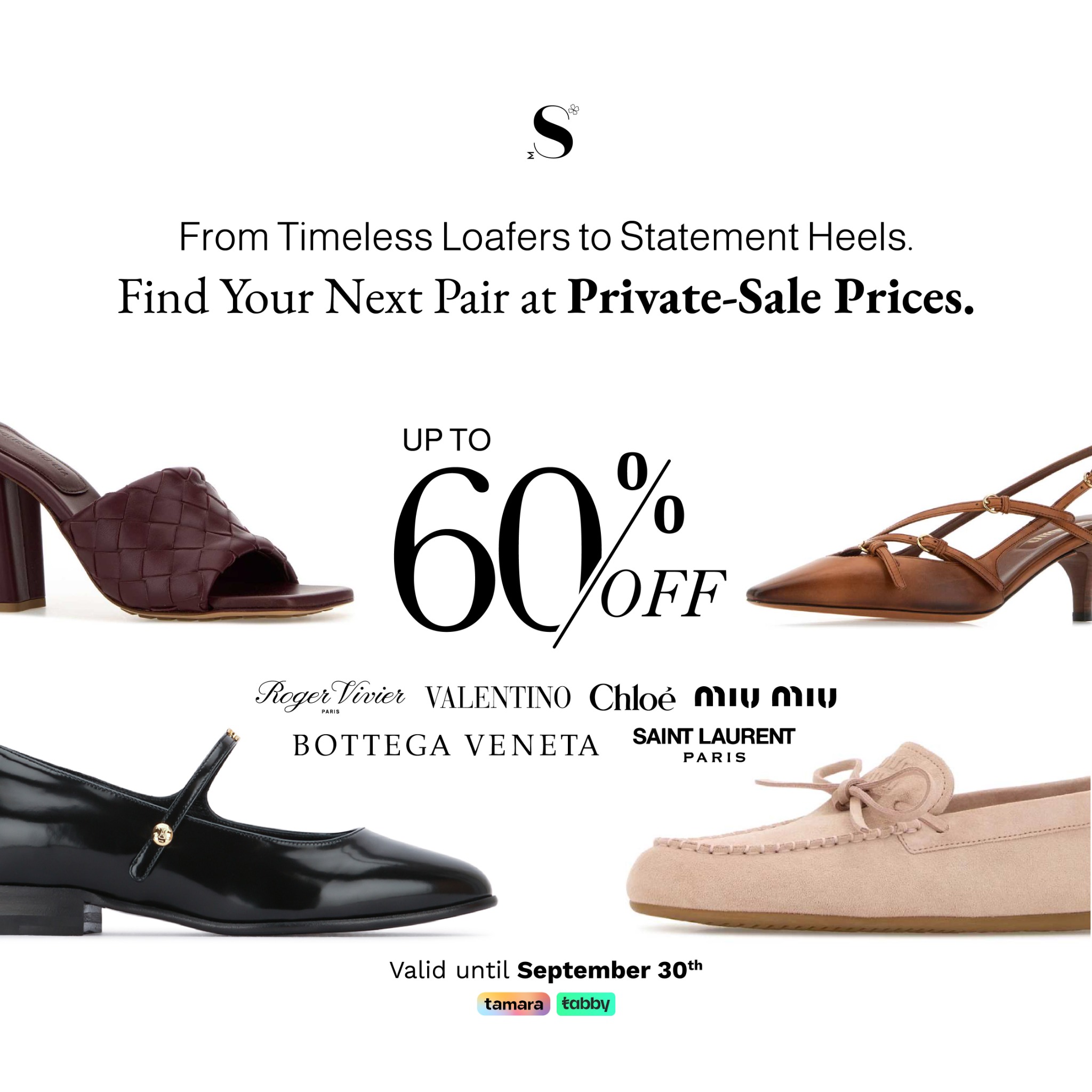 Maison Safqa Facebook ad: Your favorite designer shoes, up to 60% off.
