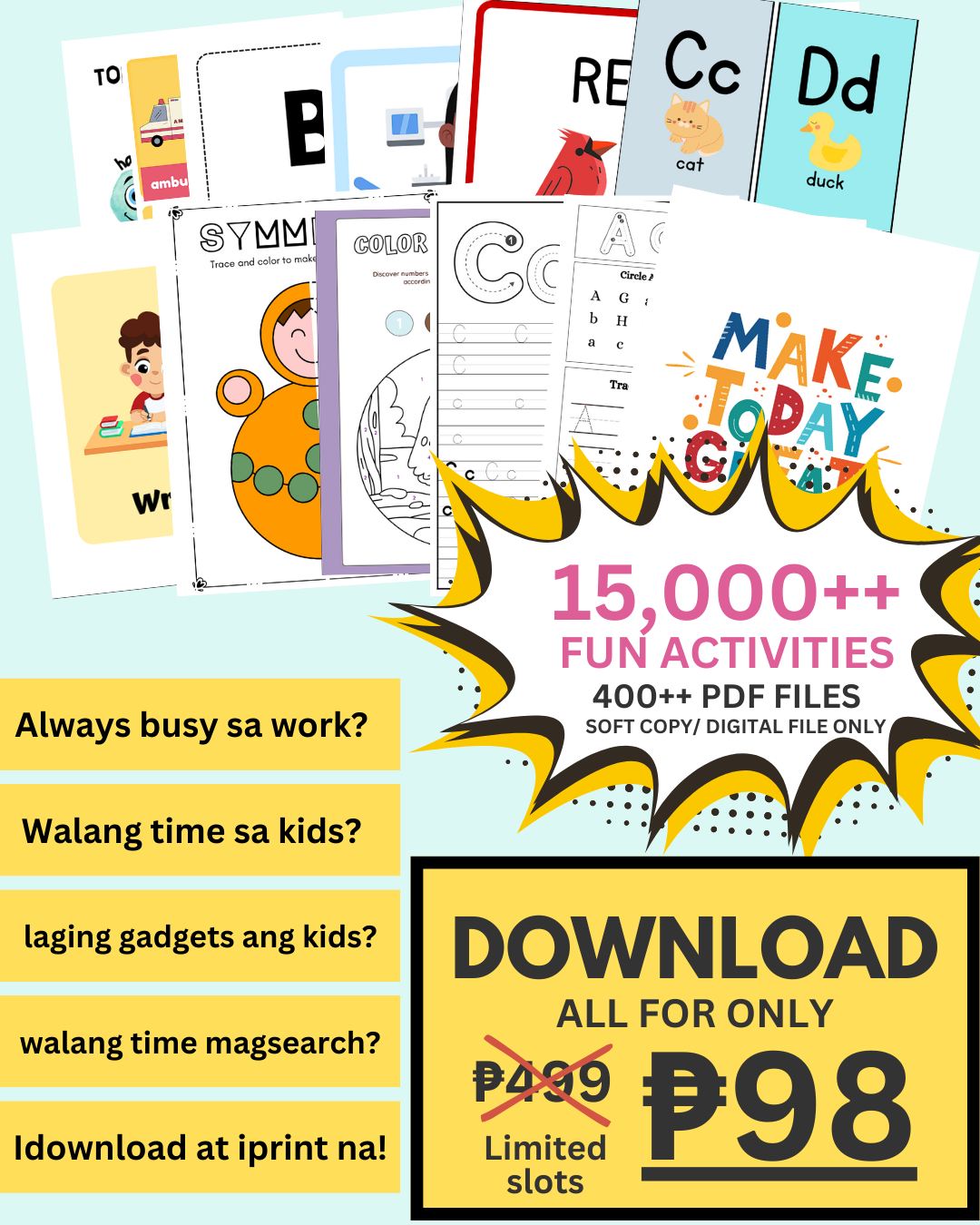 Young Minds Printables Facebook ad: 𝐃𝐎𝐖𝐍𝐋𝐎𝐀𝐃 𝐀𝐋𝐋 𝐟𝐨𝐫 ₱𝟗𝟖 𝐥𝐚𝐧𝐠