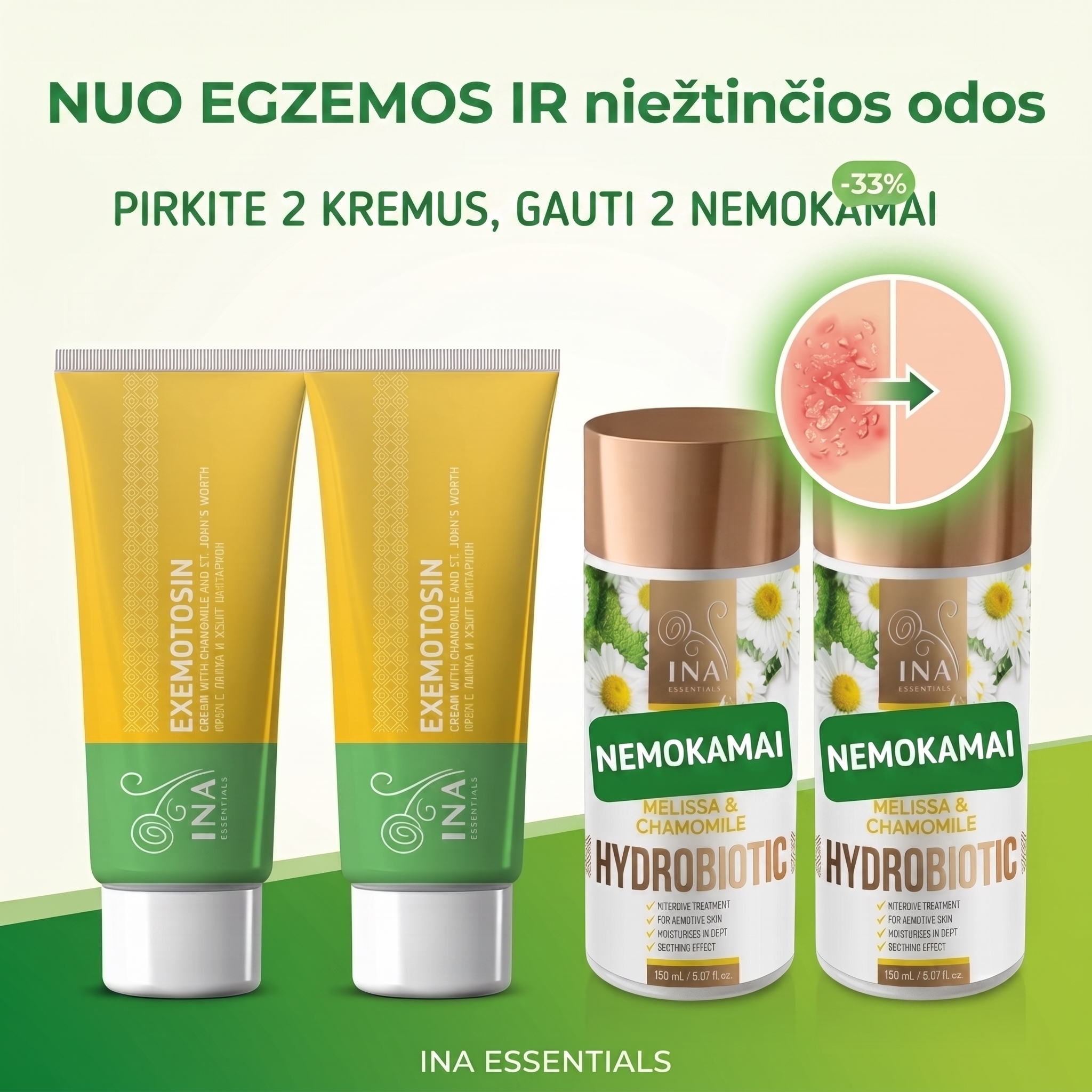 Šeimos Organinė Kosmetika - InaEssentials.lt Facebook ad: Pirk 2, Gauk 2 Nemokamai