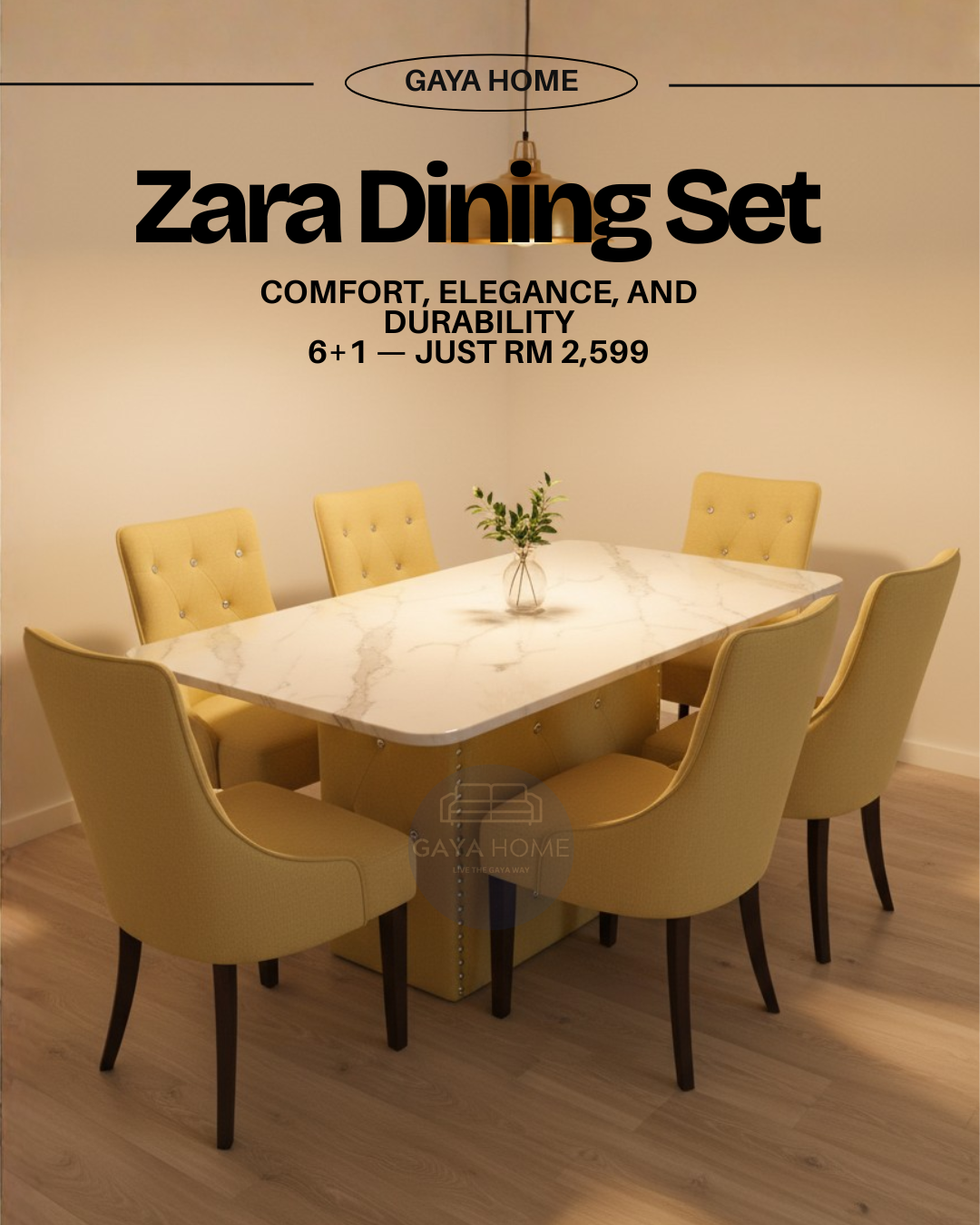 Gaya Home Facebook ad: 14+ Dining Sets | RM799 - RM3,499 | Semua Style Ada!
