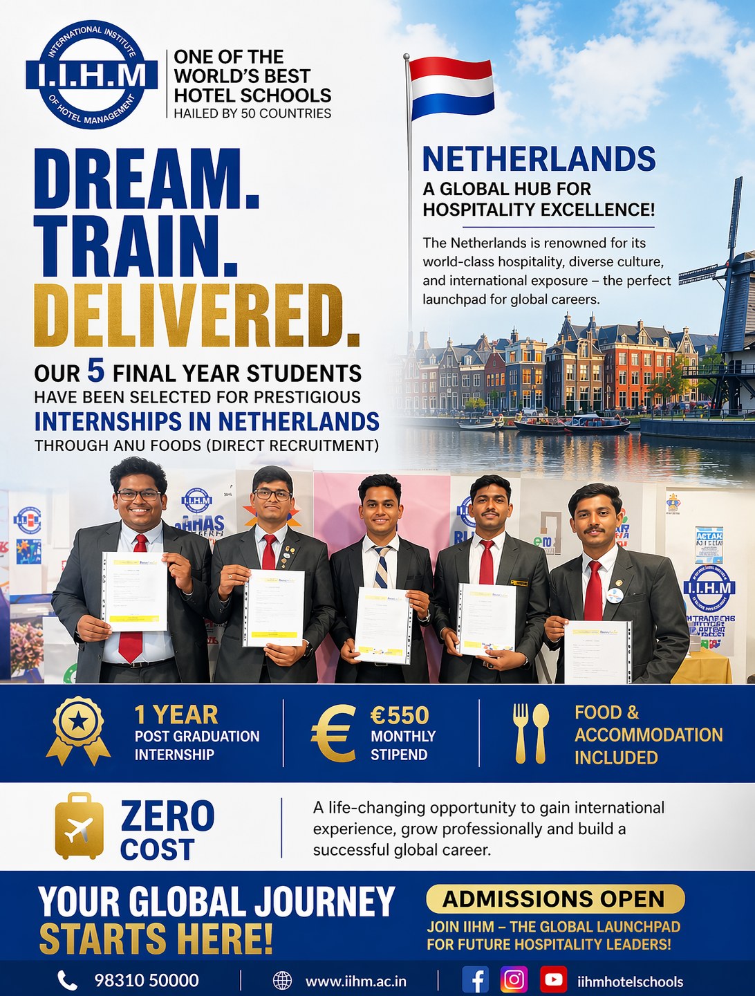 IIHM, International Institute of Hotel Management Facebook ad: DREAM. TRAIN. DELIVER., Your Global Journey Starts Here!