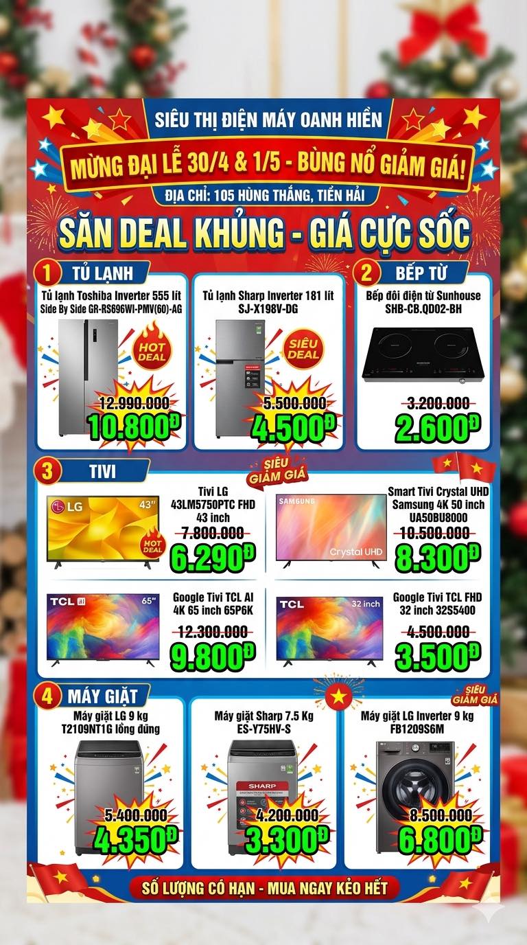 Siêu thị điện máy OANH HIỀN Facebook ad: MỪNG ĐẠI LỄ 30/4 - 1/5: GIẢI PHÓNG…