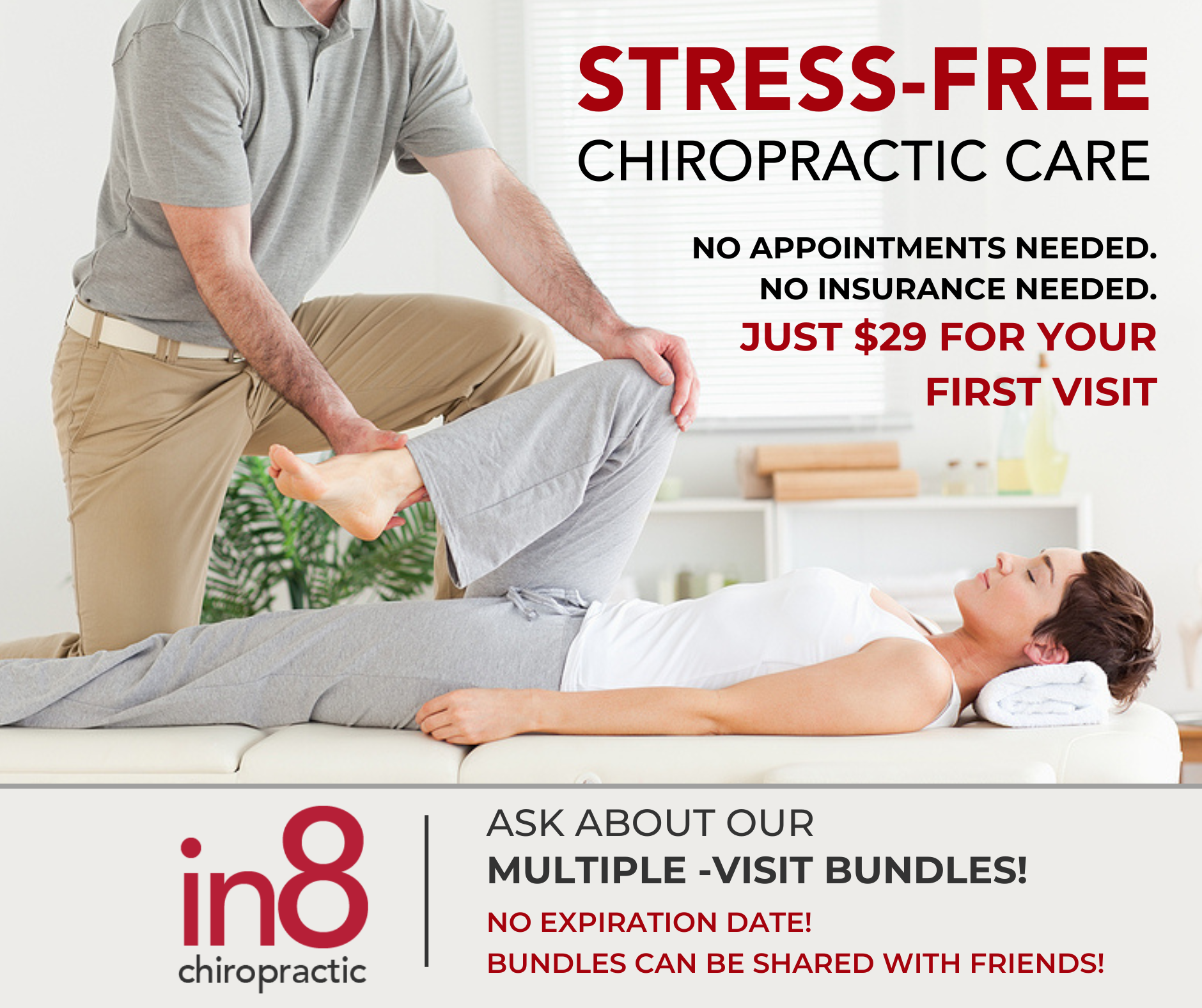 in8 Chiropractic Facebook ad: Stress-Free Chiropractic Care