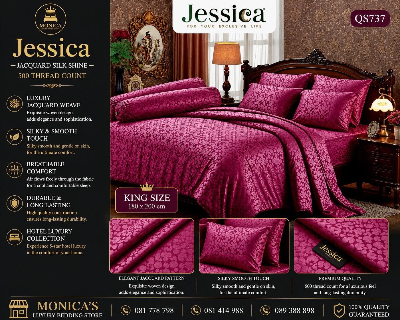 MONICA's Luxury Bedding Store Facebook ad: បន្ទាប់ពីការខិតខំប្រឹងប្រែងពេញមួយថ្ងៃ…