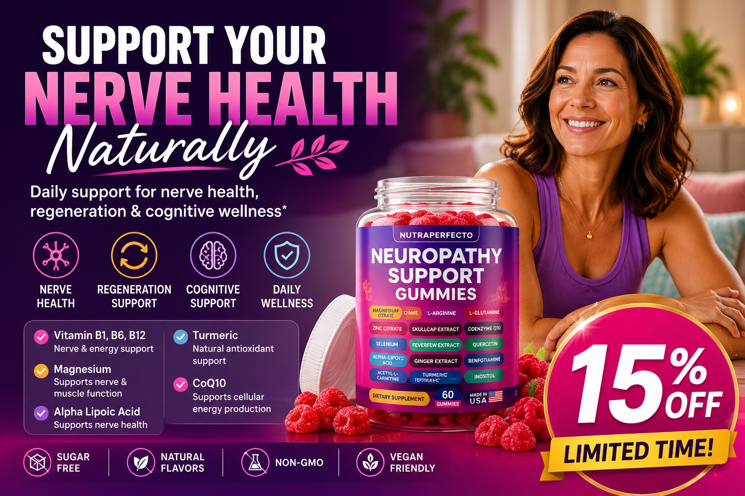 Nutra Products Facebook ad: Support Your Nerve Health Naturally, 15% OFF Today