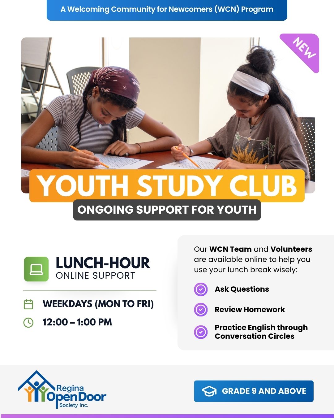 Regina Open Door Society Inc. Facebook ad: Fill | WCN Study Club, Ongoing Support for Youth