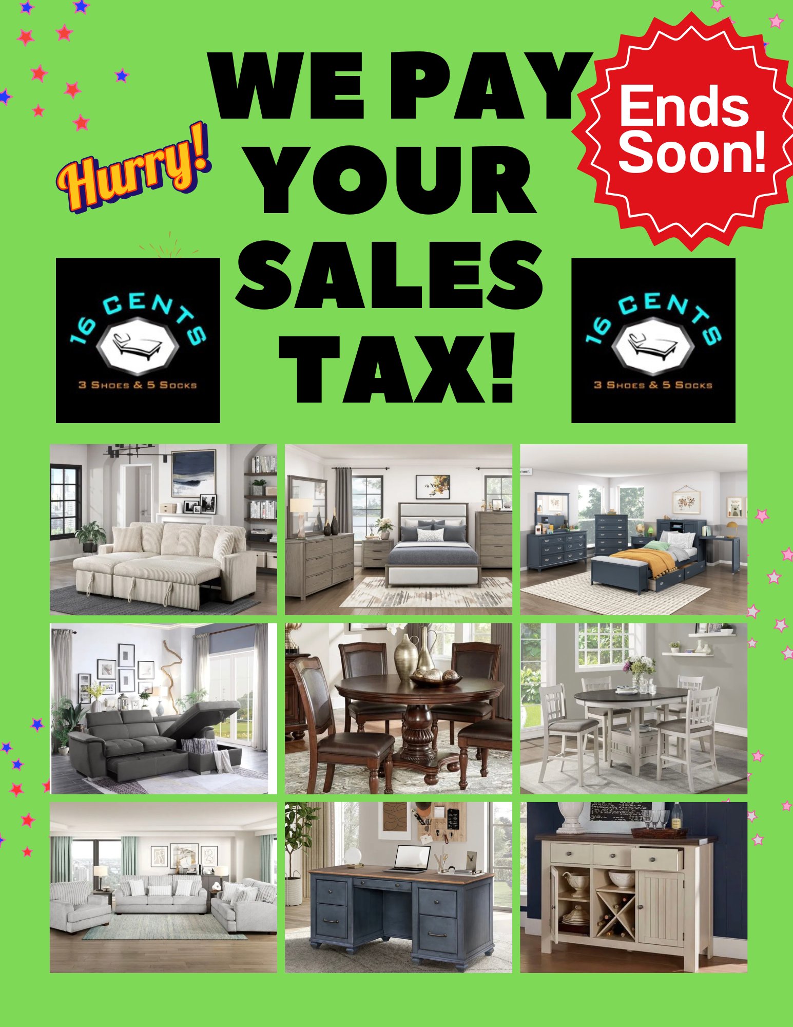 16 Cents, 3 Shoes, & 5 Socks Facebook ad: HURRY IN TODAY!
