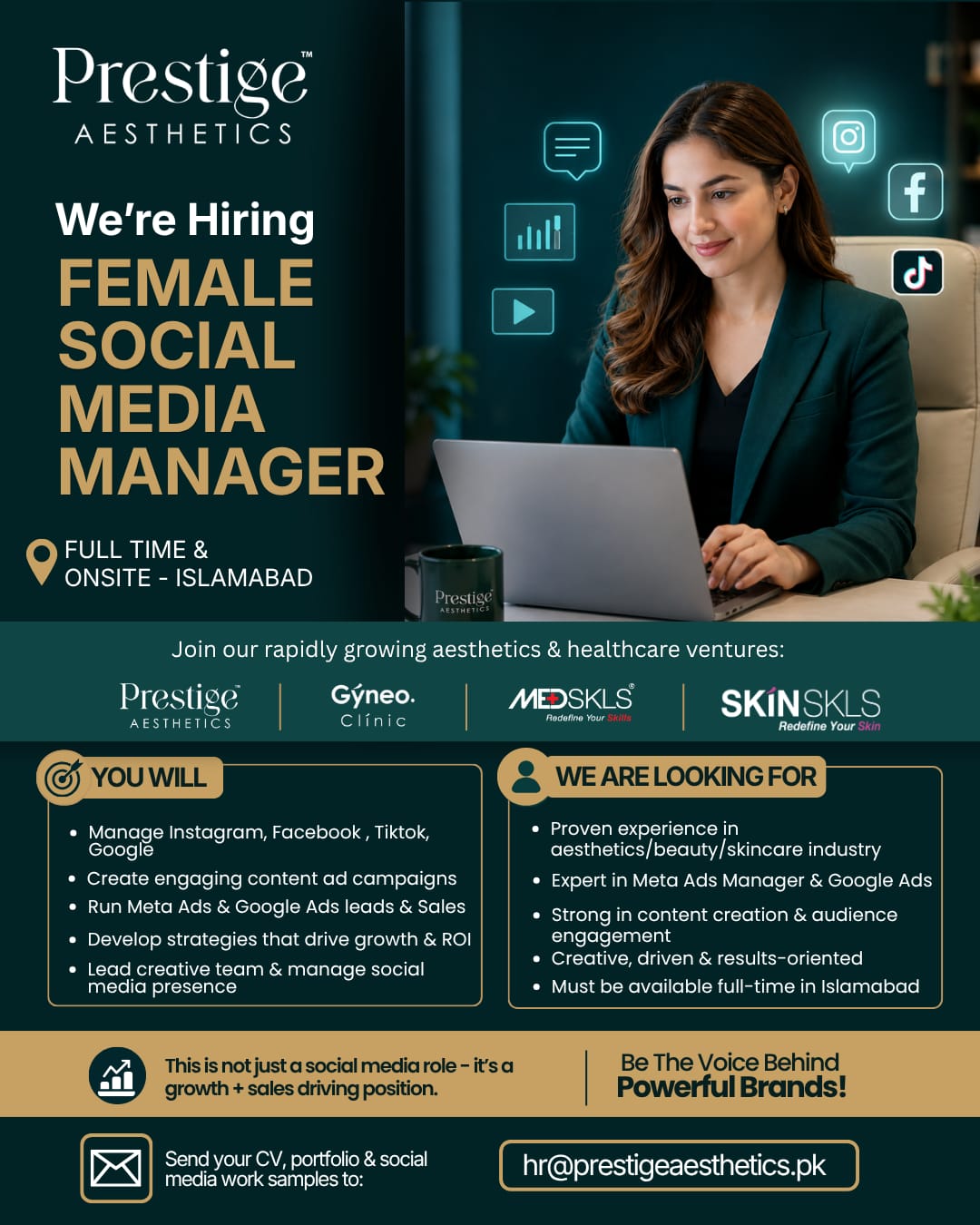 Prestige Aesthetics Facebook ad: Join Our Team: SMM (Female Only)