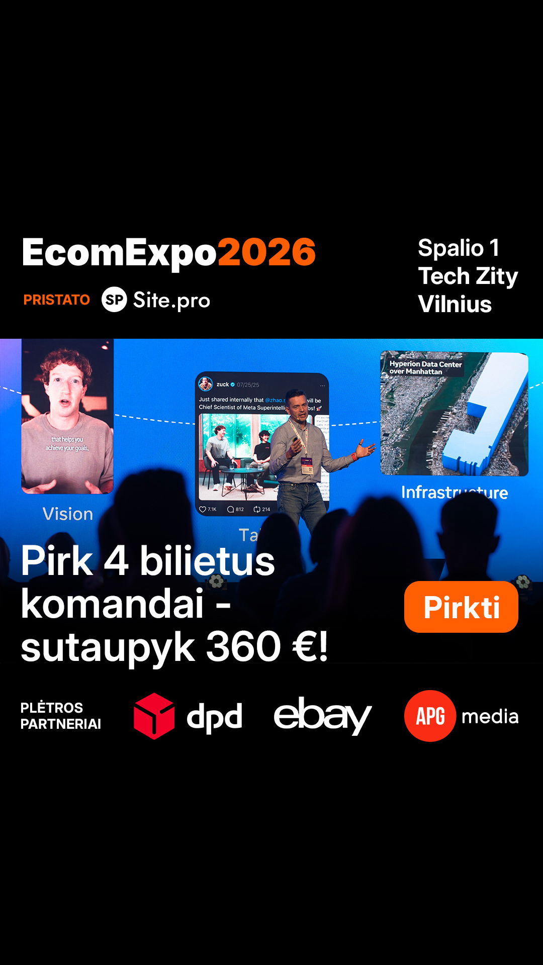 Ecomexpo Facebook ad: 1 vnt. bilietas = 240€. Perkant 4 bilietus 1vnt. = 150€