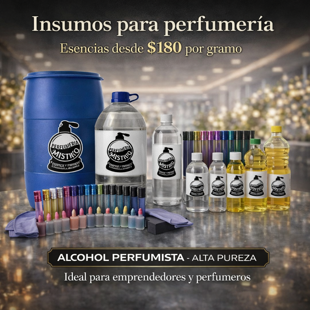 PerfumeriaMistiko Facebook ad: Insumos para perfumería listos para producción.
