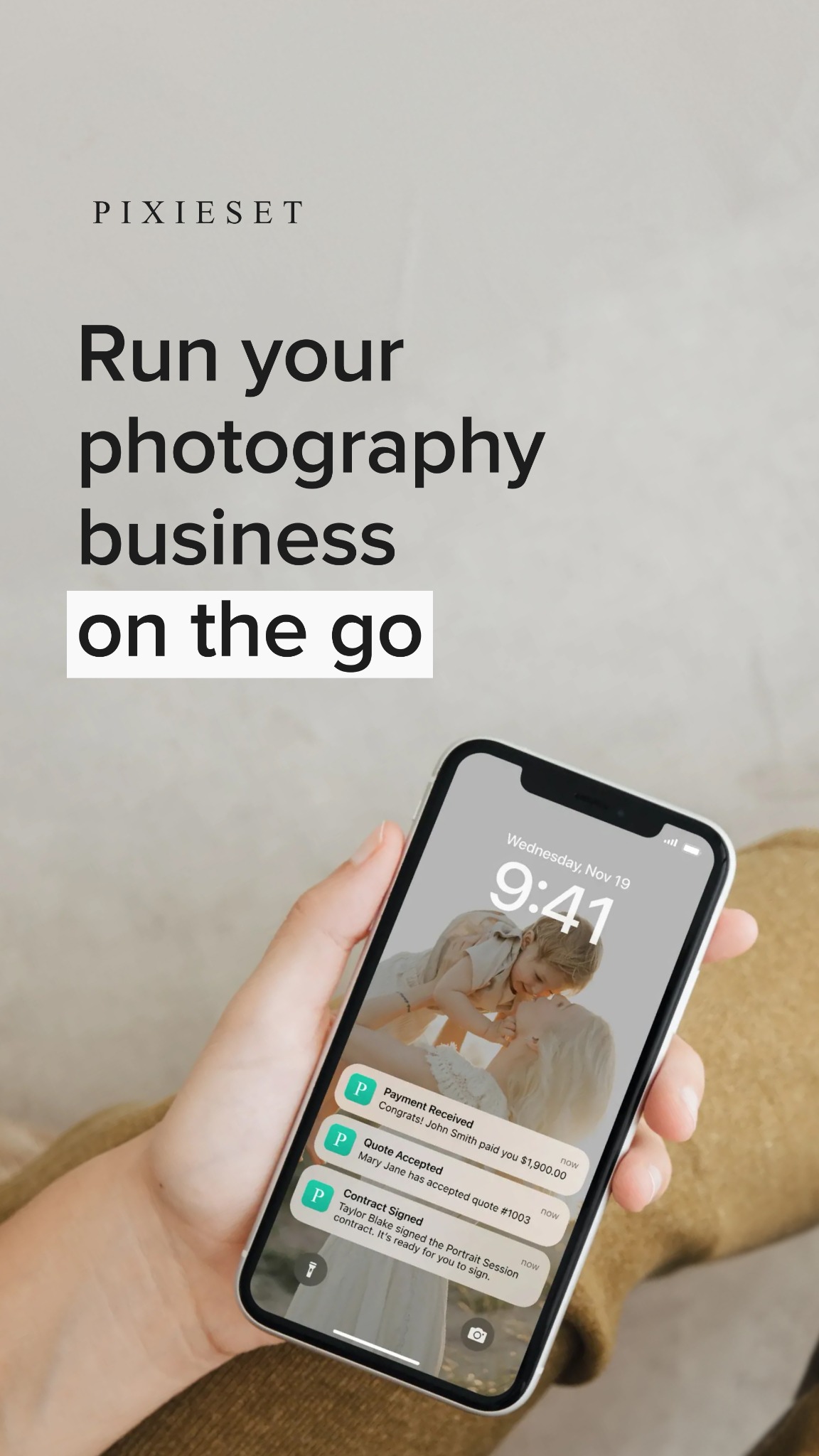 Pixieset Facebook ad: Run your photography business on the go