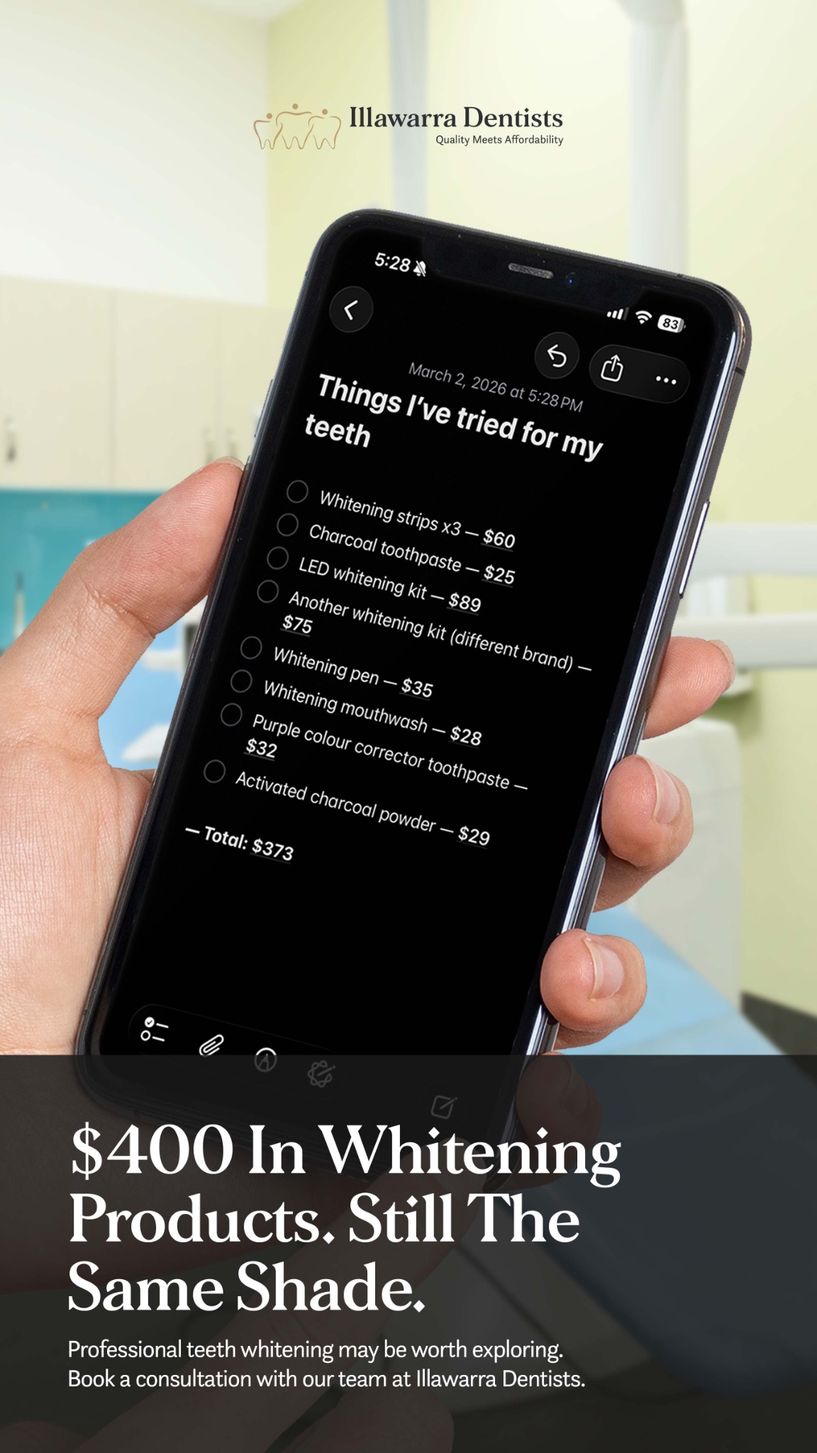 Shellharbour Dentists Facebook ad from Mar 26, 2026