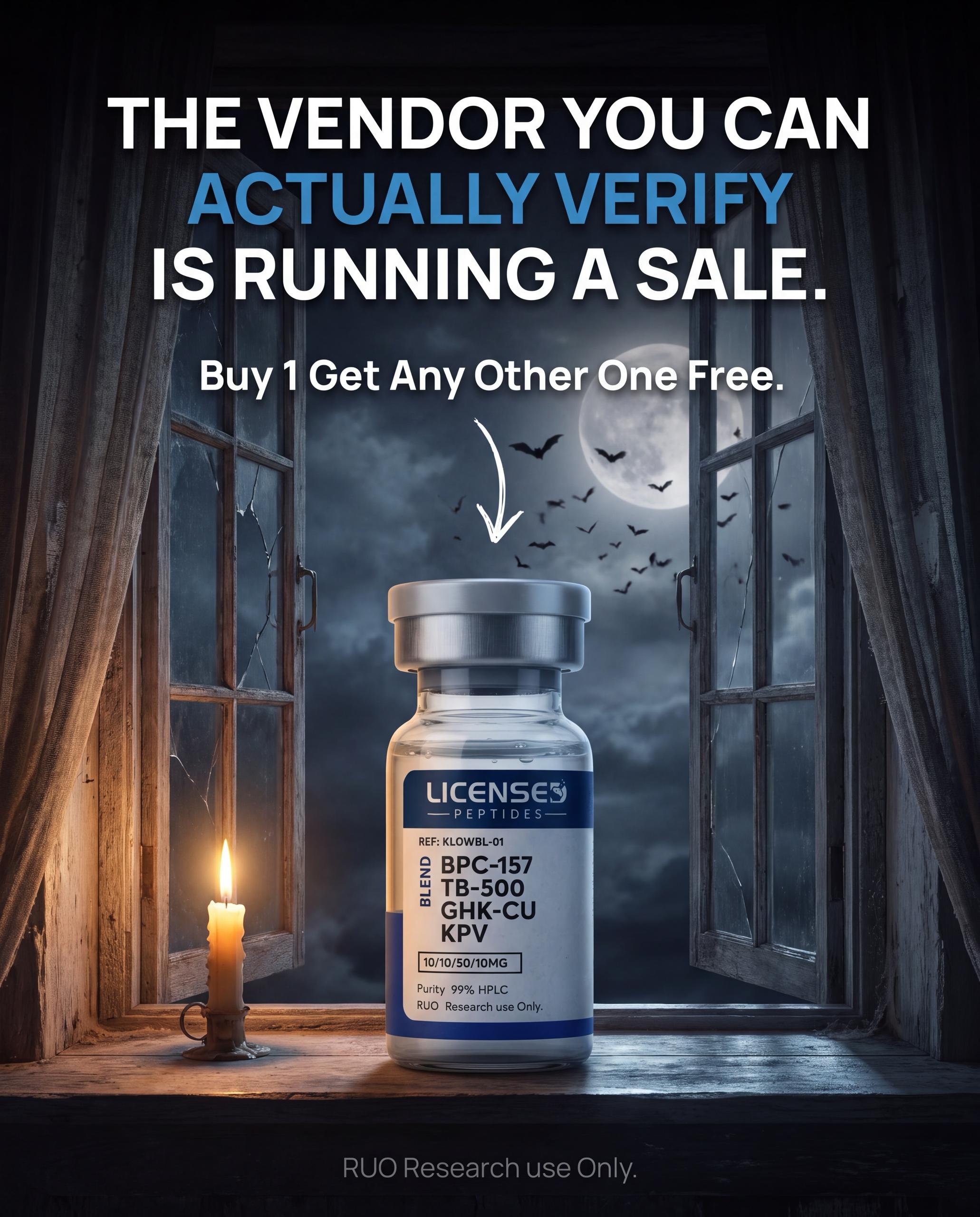 Licensed Peptides Facebook ad: 2 FOR 1, PICK ANY VIAL FREE